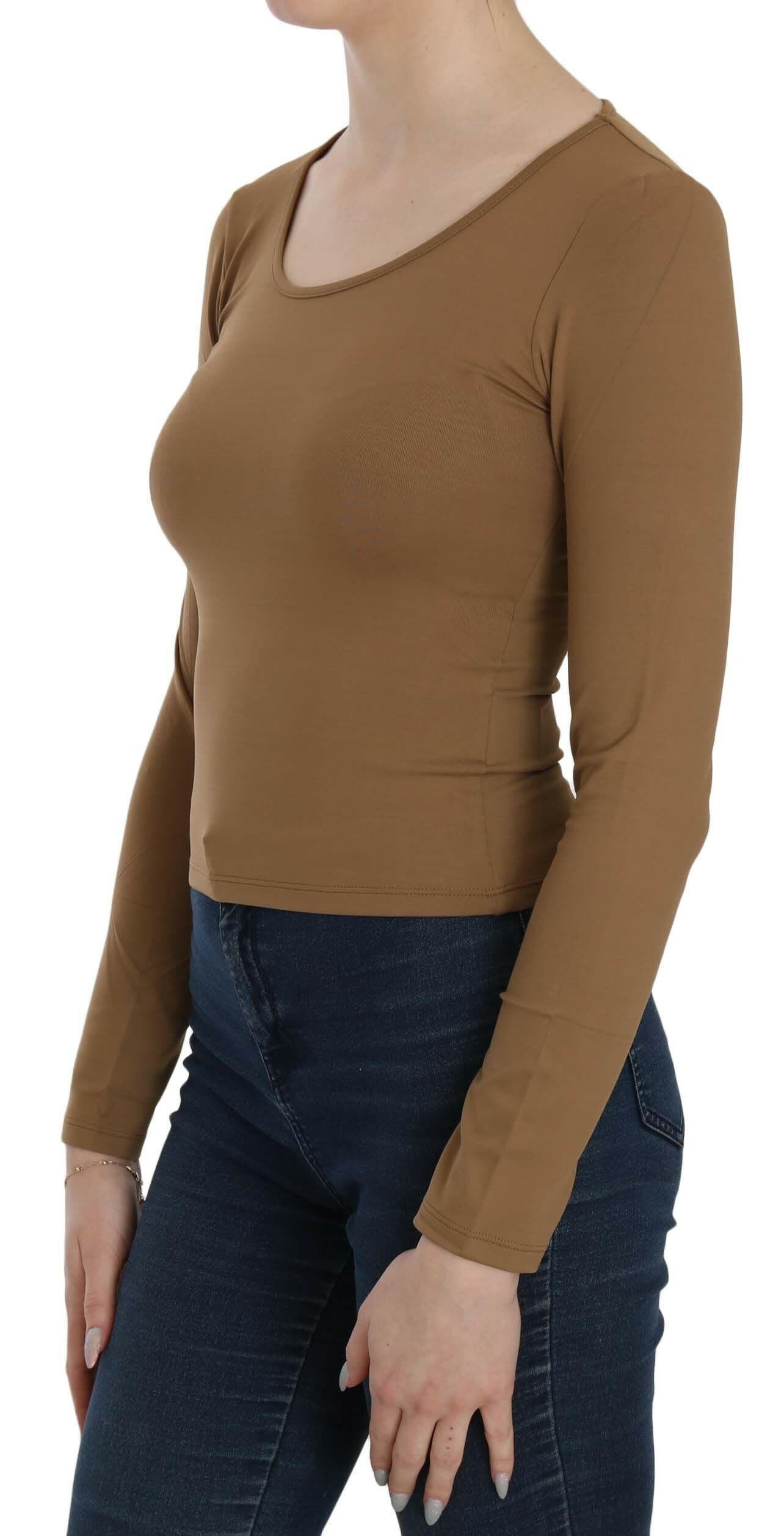 GF Ferre Brown Long Round Neck Sleeve Fitted Shirt Tops Blouse -   -  GF Ferre.