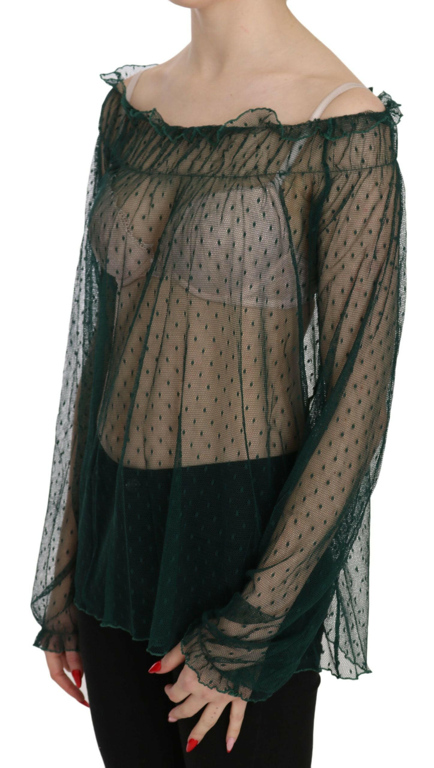 PINK MEMORIES Green Mesh See Through Long Sleeve Top Blouse -   -  PINK MEMORIES.