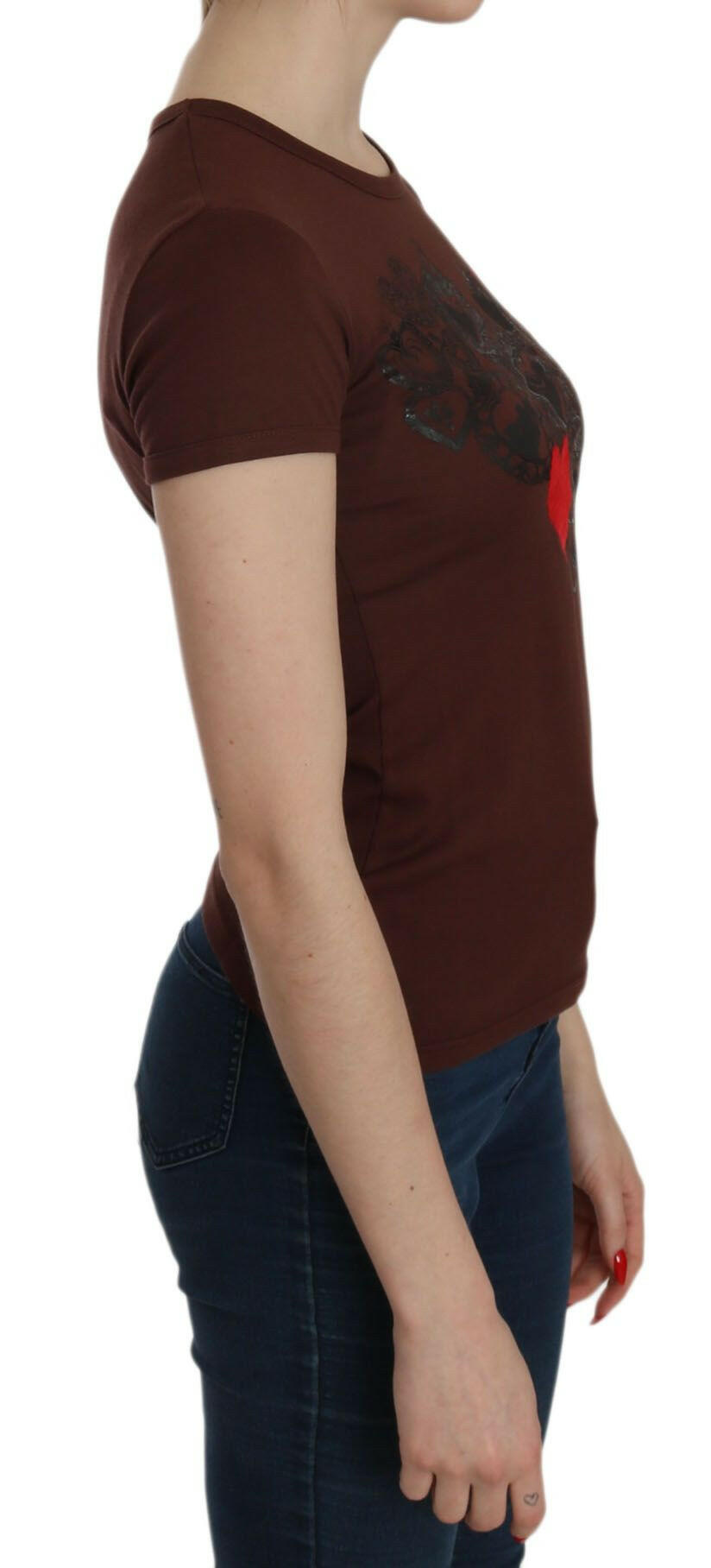 Exte Brown Heart Print Crew Neck T-shirt Short Sleeve Blouse -   -  Exte.