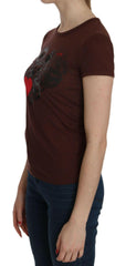 Exte Brown Heart Print Crew Neck T-shirt Short Sleeve Blouse -   -  Exte.