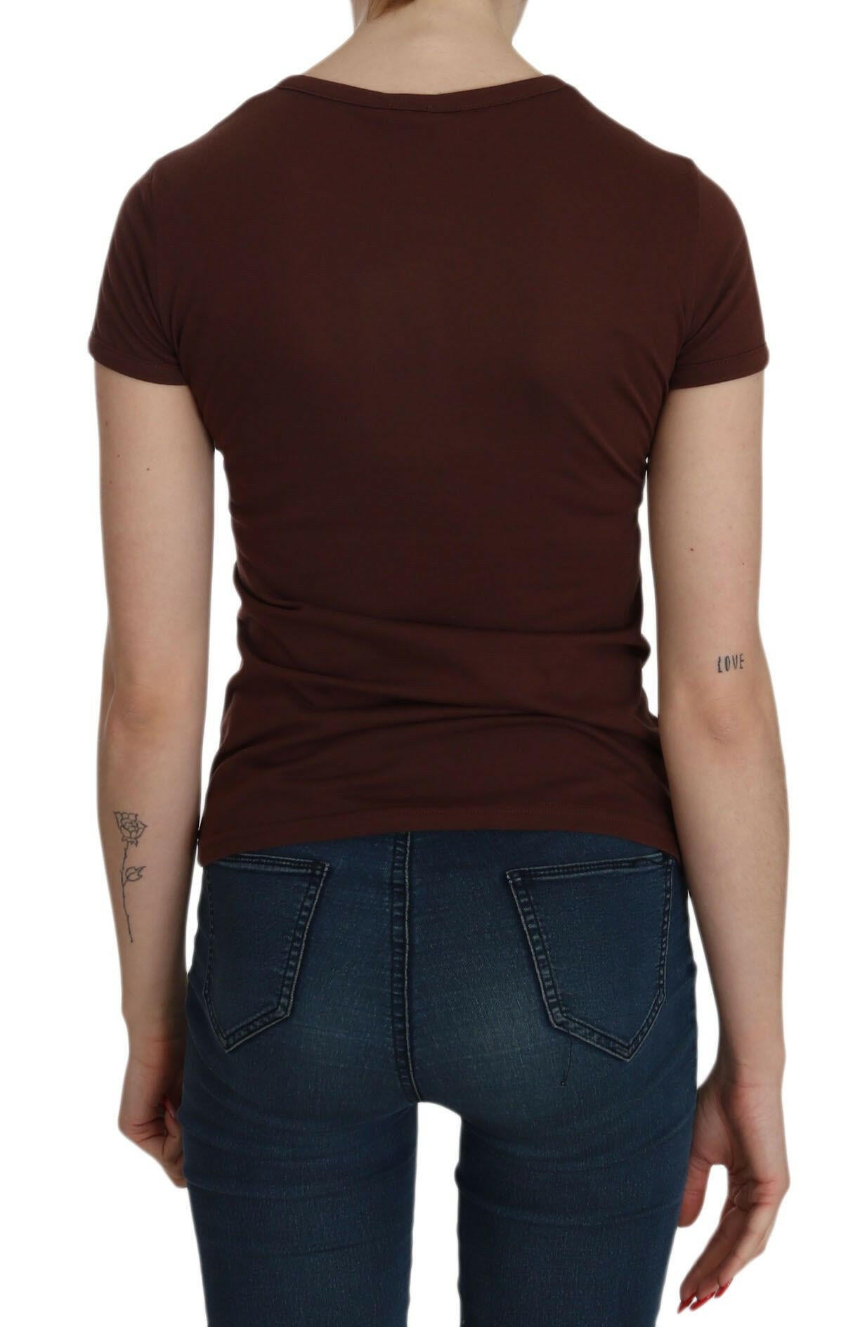 Exte Brown Heart Print Crew Neck T-shirt Short Sleeve Blouse -   -  Exte.