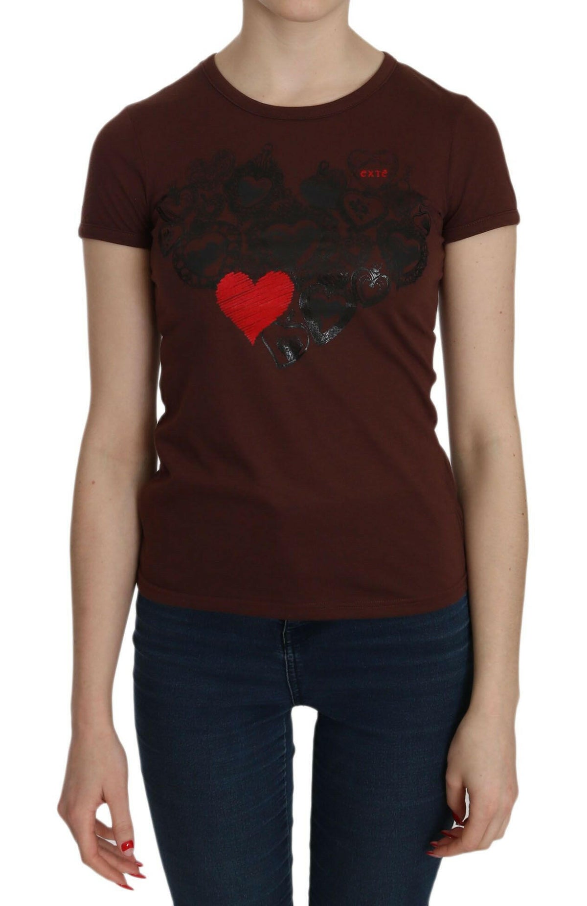 Exte Brown Heart Print Crew Neck T-shirt Short Sleeve Blouse -   -  Exte.