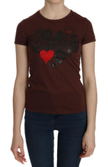 Exte Brown Heart Print Crew Neck T-shirt Short Sleeve Blouse -   -  Exte.