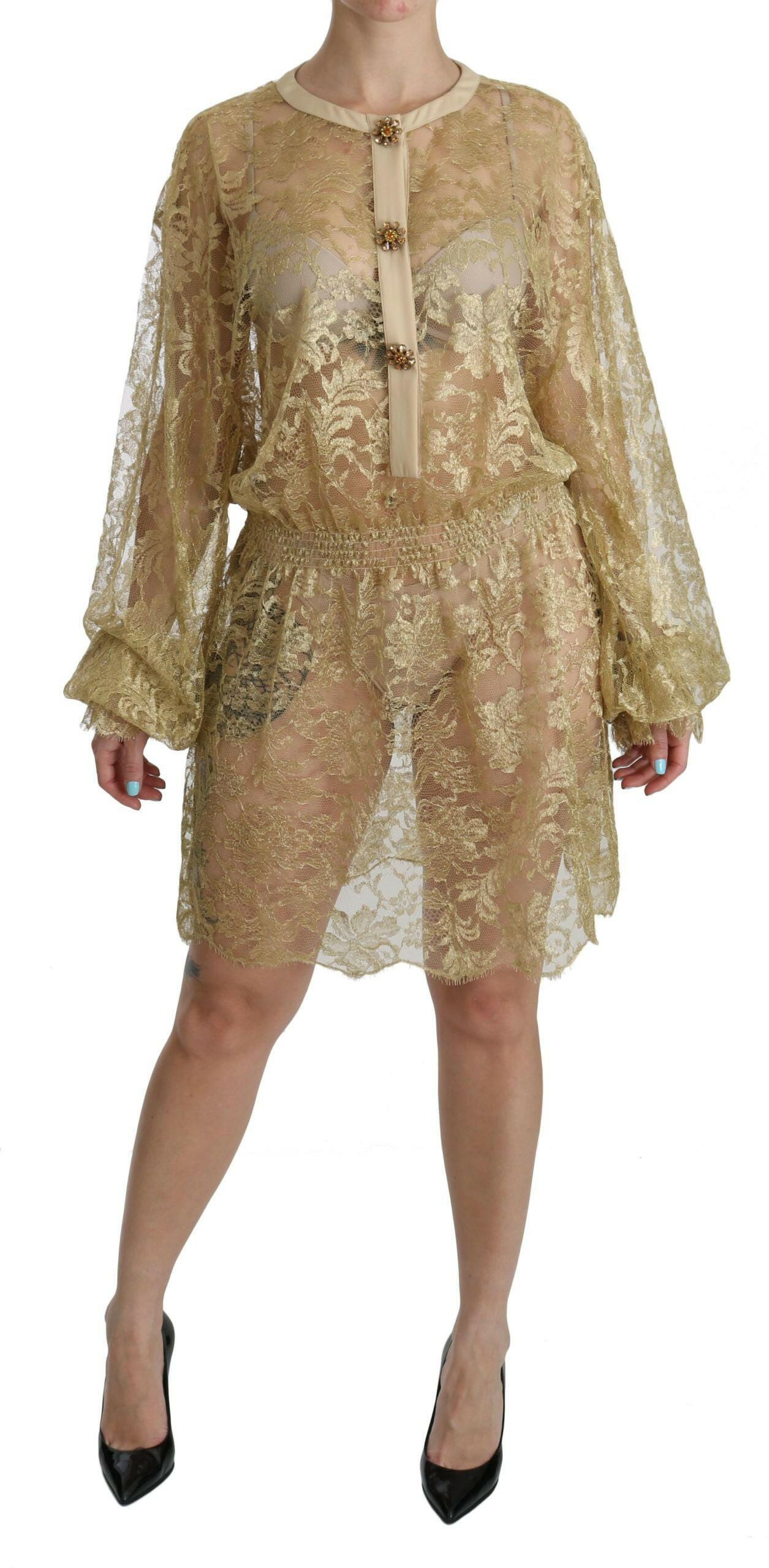 Dolce & Gabbana Gold Lace See Through A-Line Knee Length Dress -   -  Dolce & Gabbana.