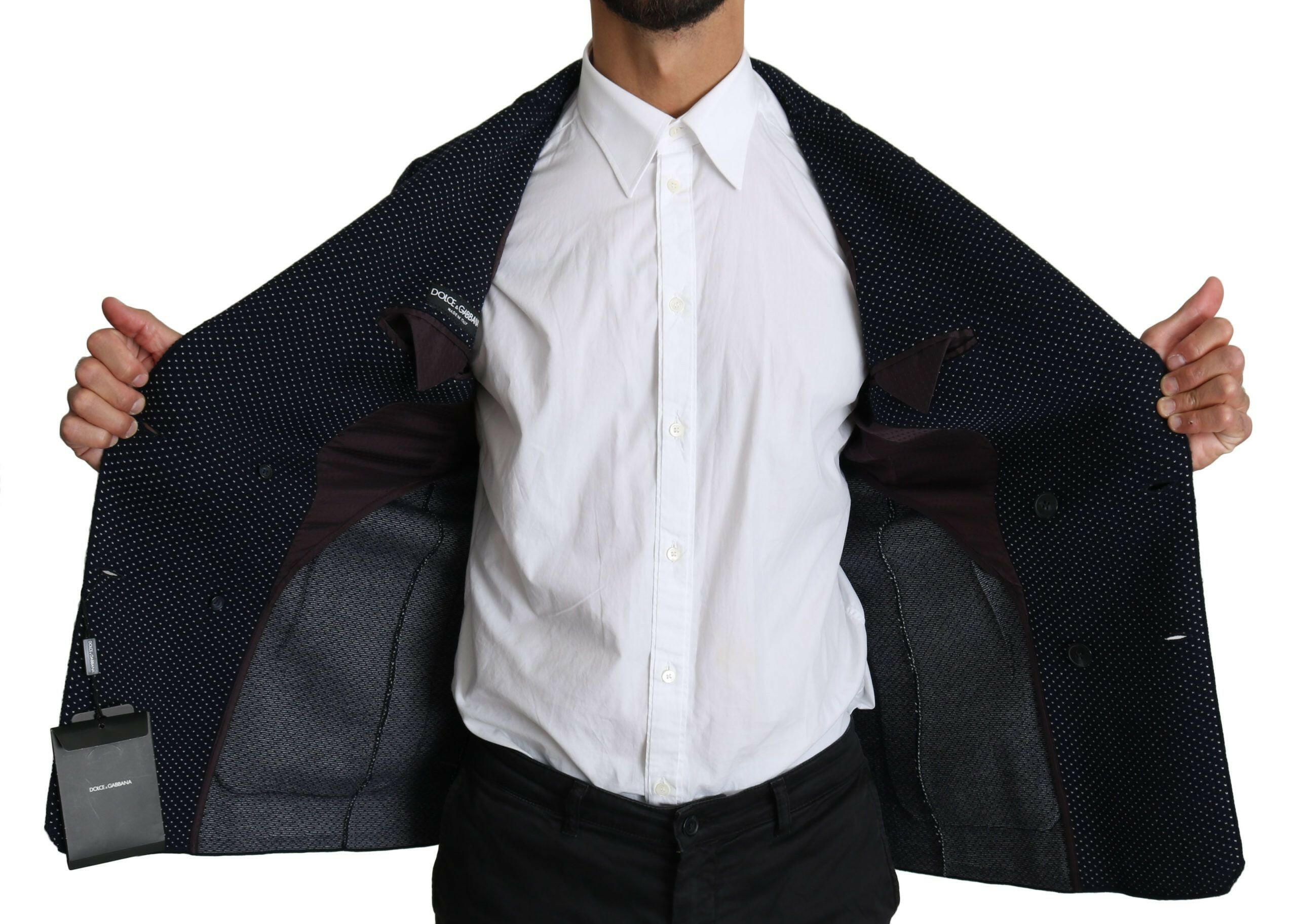 Dolce & Gabbana Dark Blue Dotted Double Breasted Coat Blazer -   -  Dolce & Gabbana.
