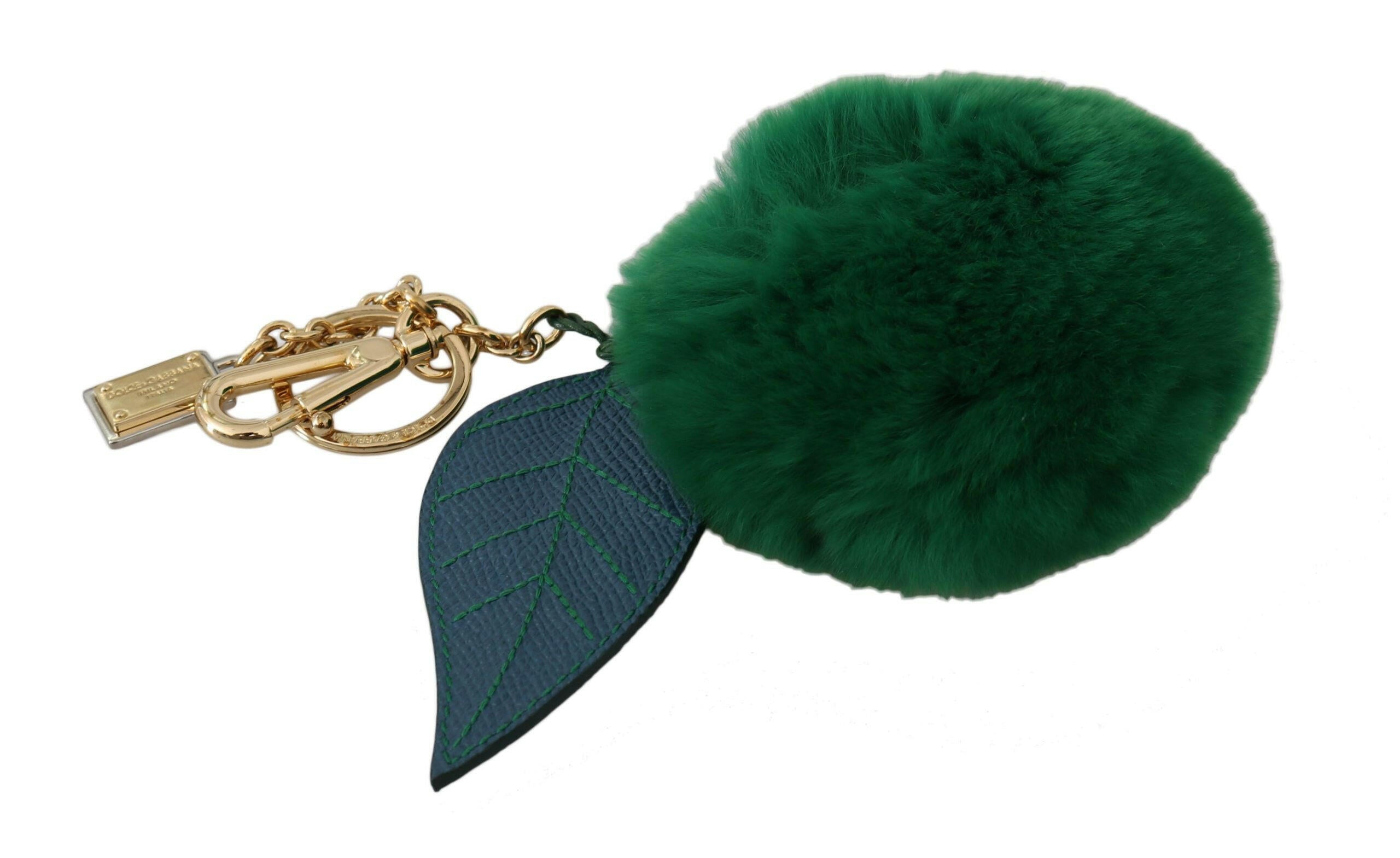 Dolce & Gabbana Green Leather Fur Gold Clasp Keyring Women Keychain -   -  Dolce & Gabbana.