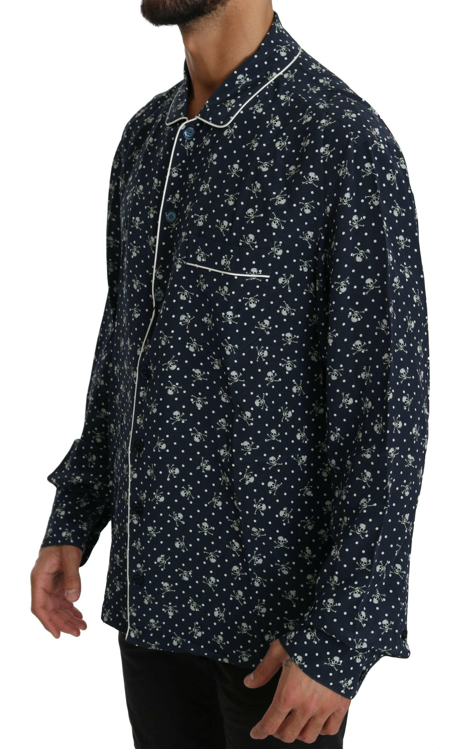 Dolce & Gabbana Blue Skull Print Silk Top Sleepwear Shirt -   -  Dolce & Gabbana.