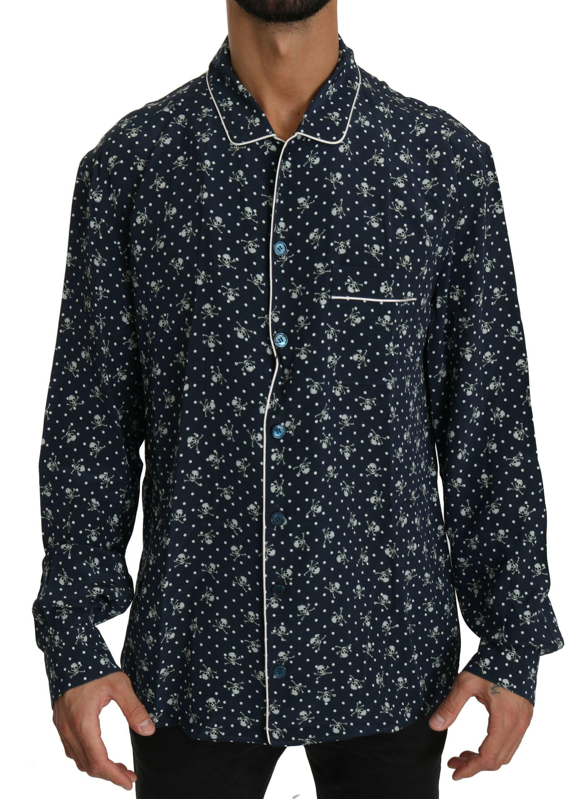 Dolce & Gabbana Blue Skull Print Silk Top Sleepwear Shirt -   -  Dolce & Gabbana.