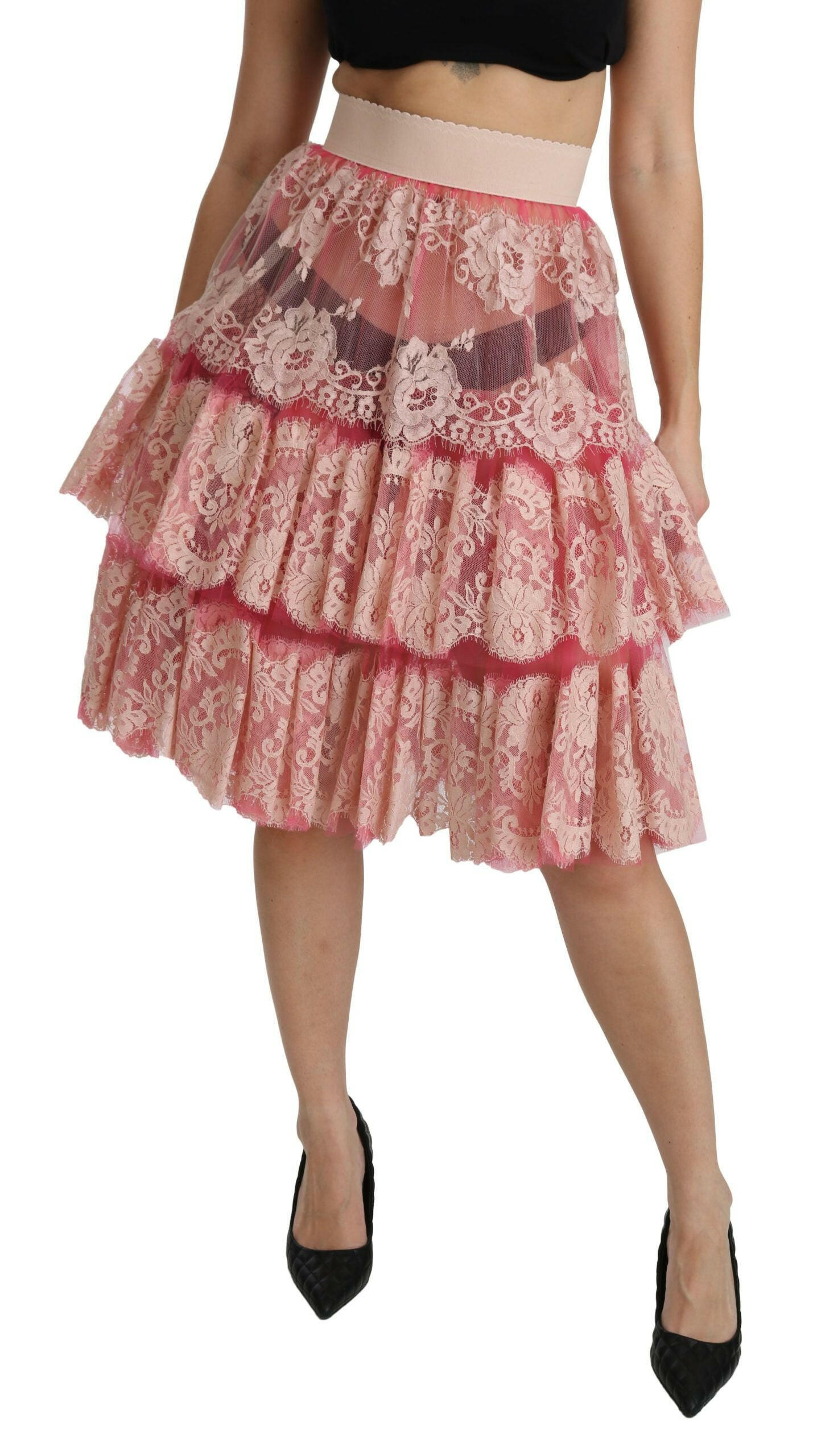 Dolce & Gabbana Pink Lace Layered High Waist Knee Length Skirt -   -  Dolce & Gabbana.