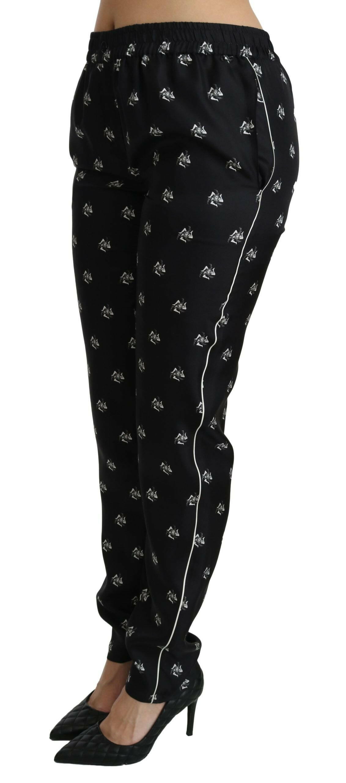 Dolce & Gabbana Black Printed Mid Waist Skinny Silk Pants -   -  Dolce & Gabbana.