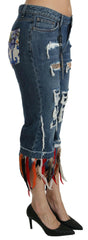 Dolce & Gabbana Blue Feathers Low Waist Cropped Cotton Jeans -   -  Dolce & Gabbana.
