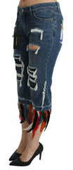 Dolce & Gabbana Blue Feathers Low Waist Cropped Cotton Jeans -   -  Dolce & Gabbana.
