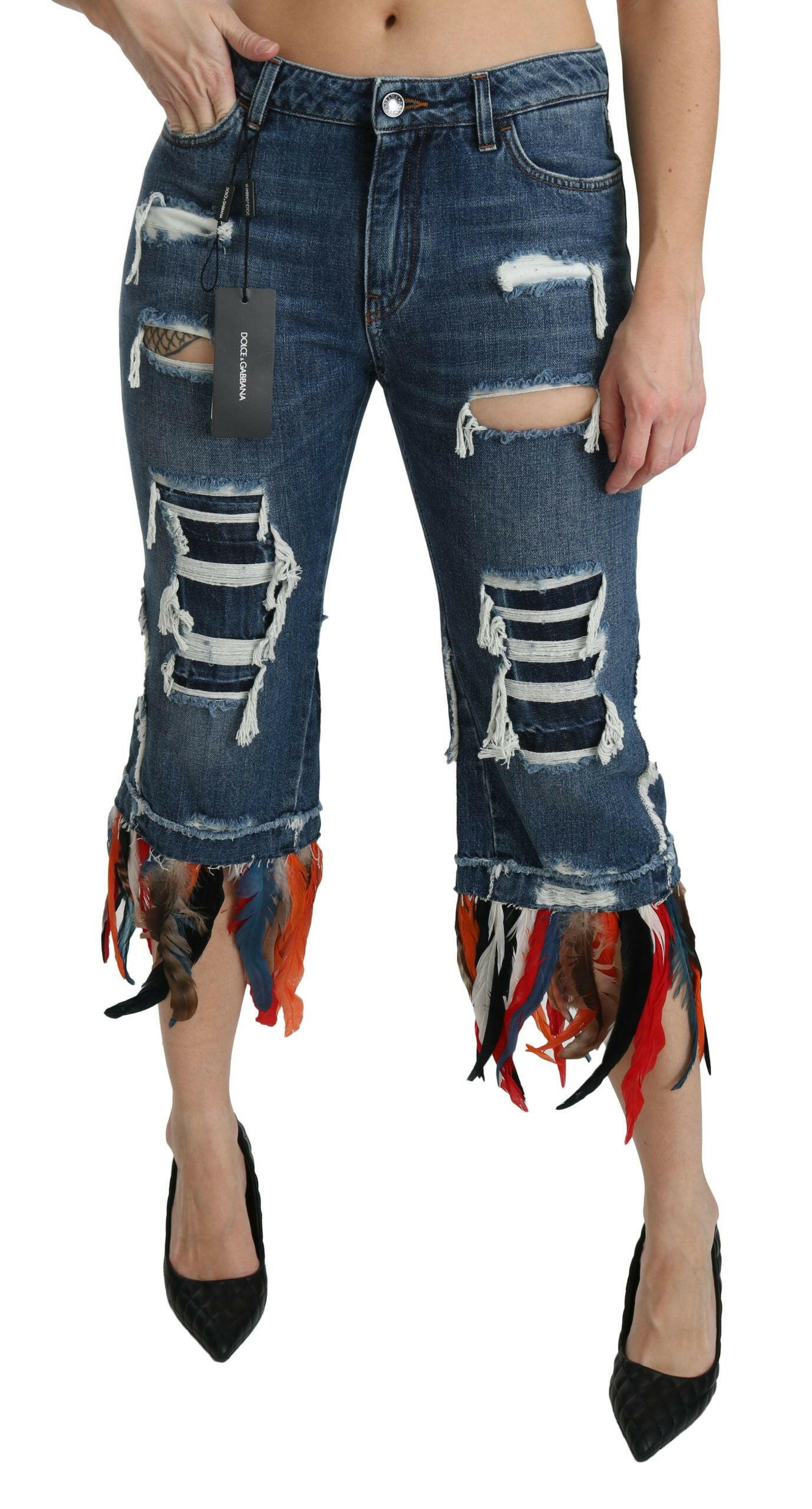 Dolce & Gabbana Blue Feathers Low Waist Cropped Cotton Jeans -   -  Dolce & Gabbana.