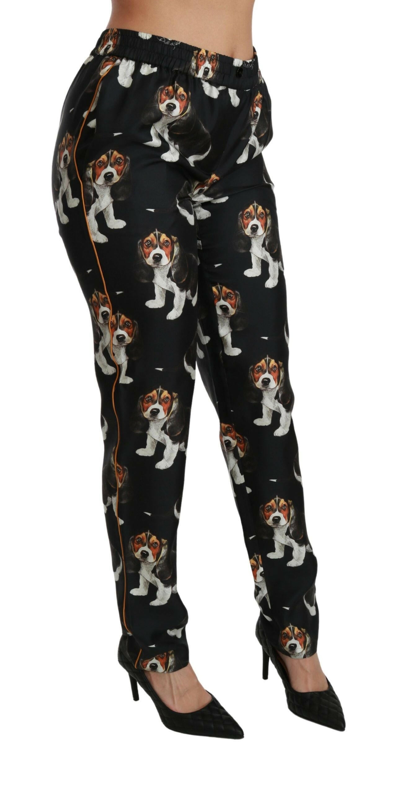 Dolce & Gabbana Black Puppy Dog Mid Waist Skinny Silk Pants -   -  Dolce & Gabbana.