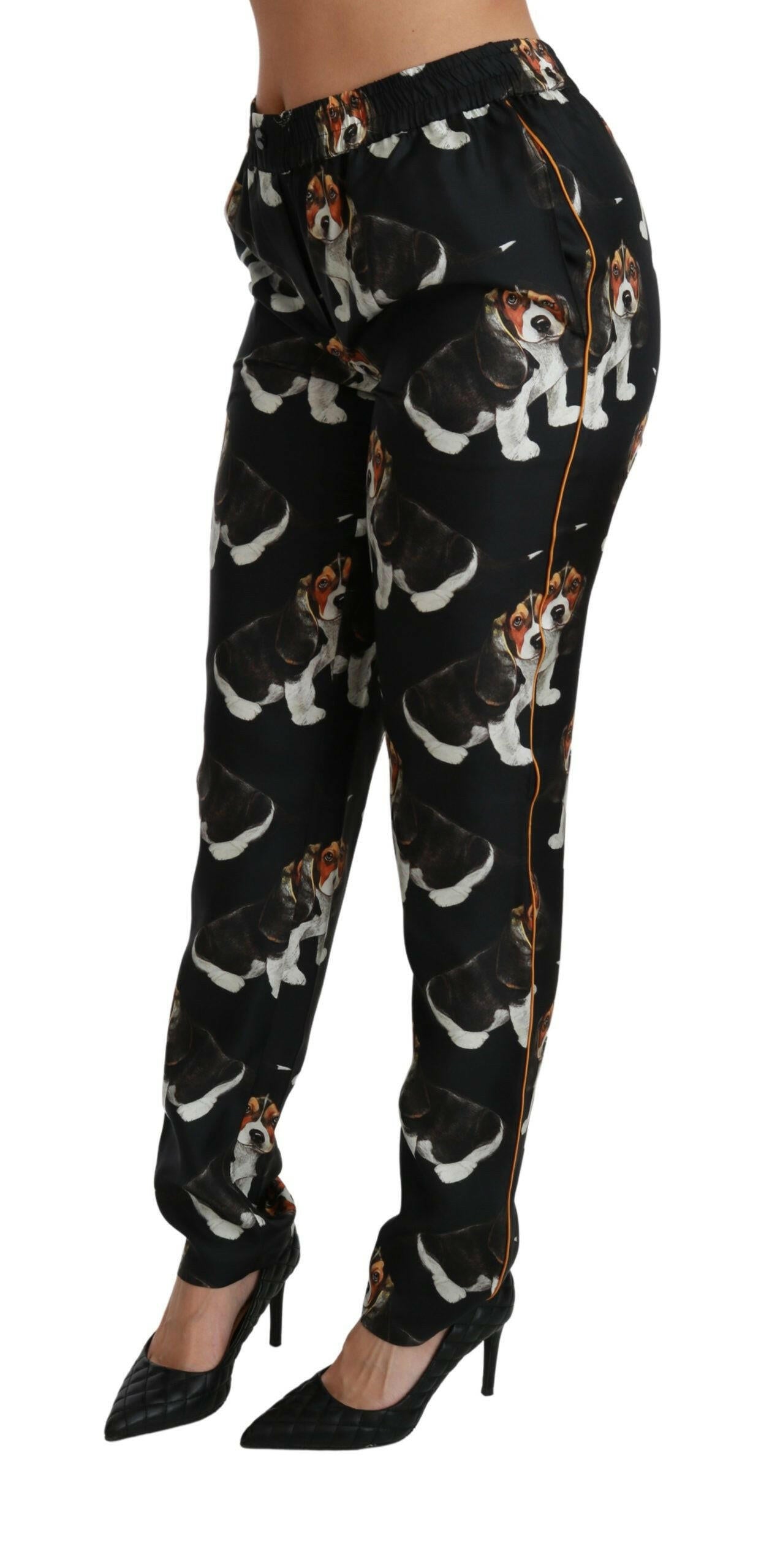 Dolce & Gabbana Black Puppy Dog Mid Waist Skinny Silk Pants -   -  Dolce & Gabbana.