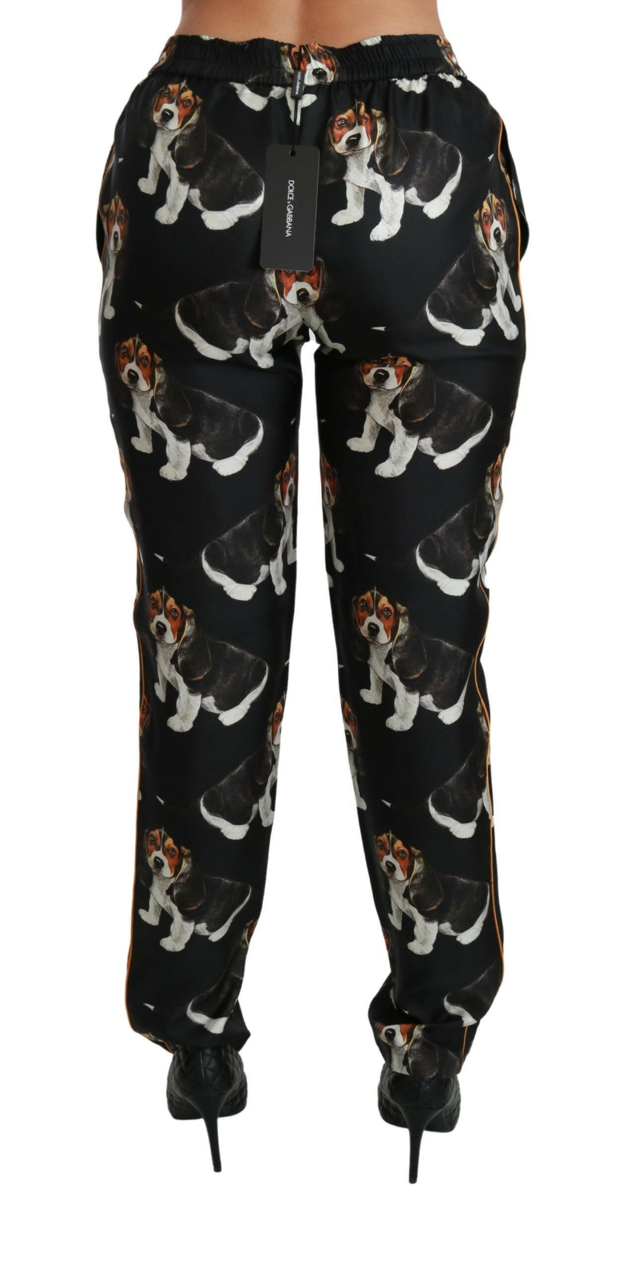 Dolce & Gabbana Black Puppy Dog Mid Waist Skinny Silk Pants -   -  Dolce & Gabbana.