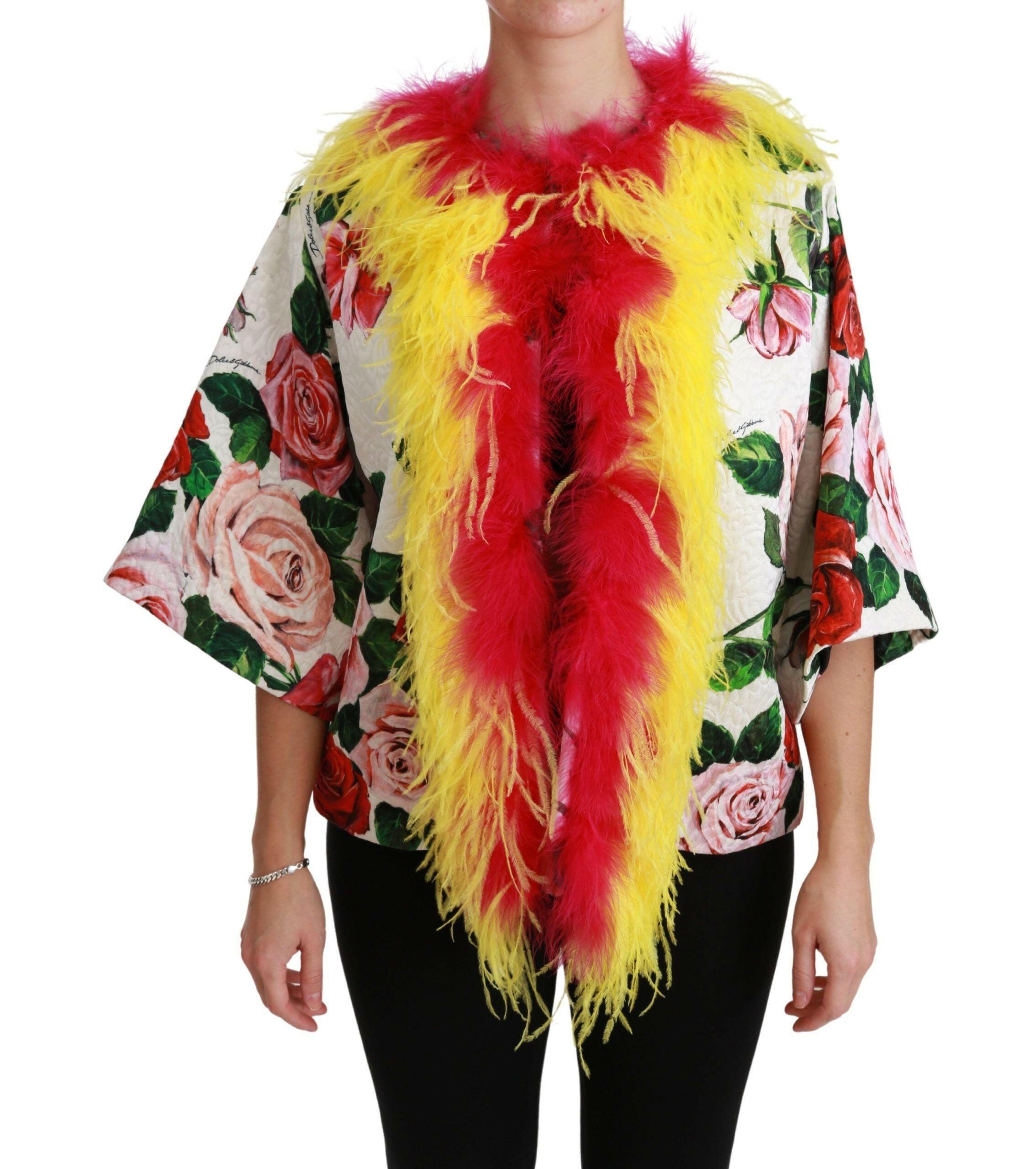 Dolce & Gabbana White Floral Coat Capte Fur Roses Jacket -   -  Dolce & Gabbana.