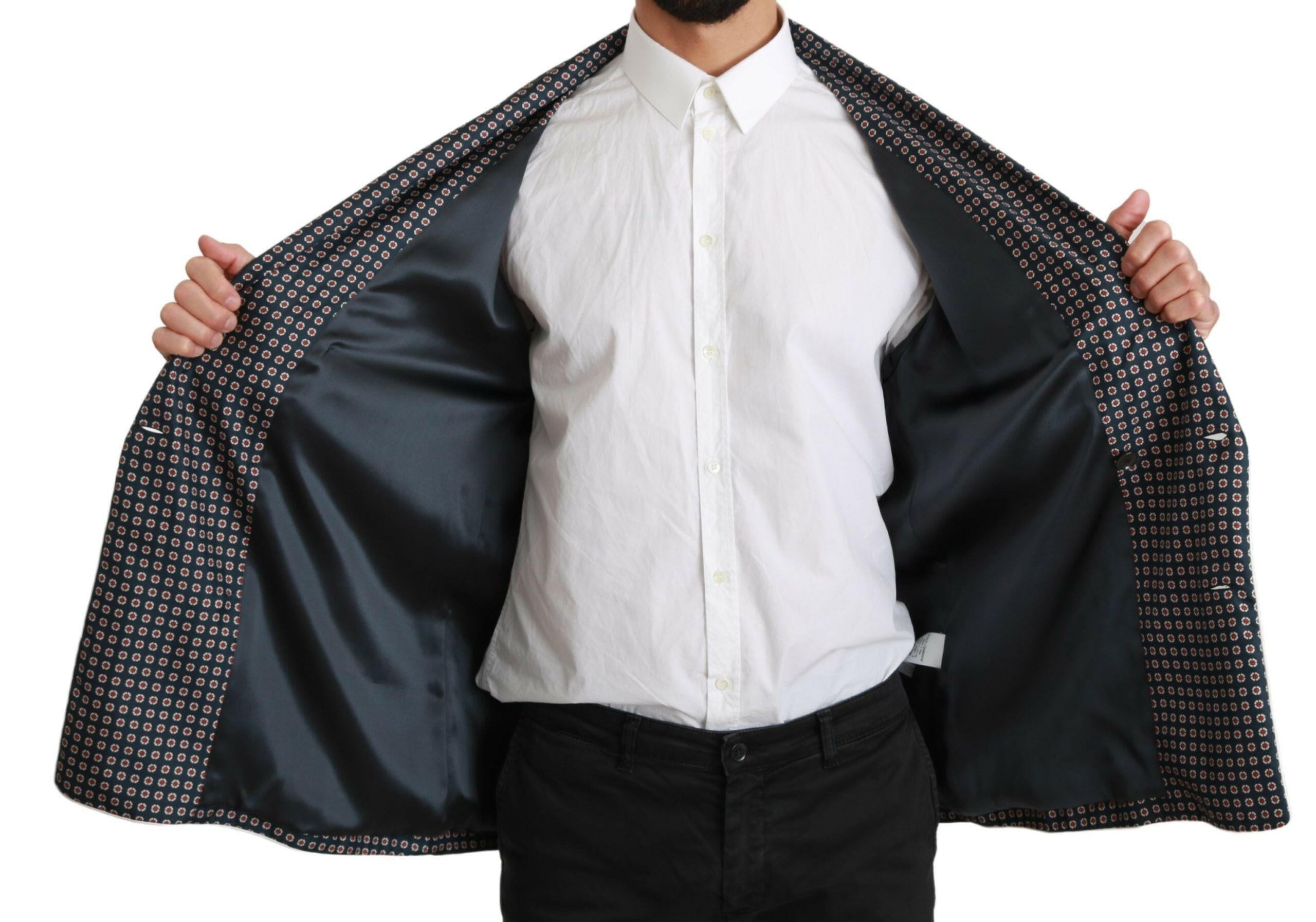 Dolce & Gabbana Navy Blue Patterned Double Breasted Coat Jacket -   -  Dolce & Gabbana.