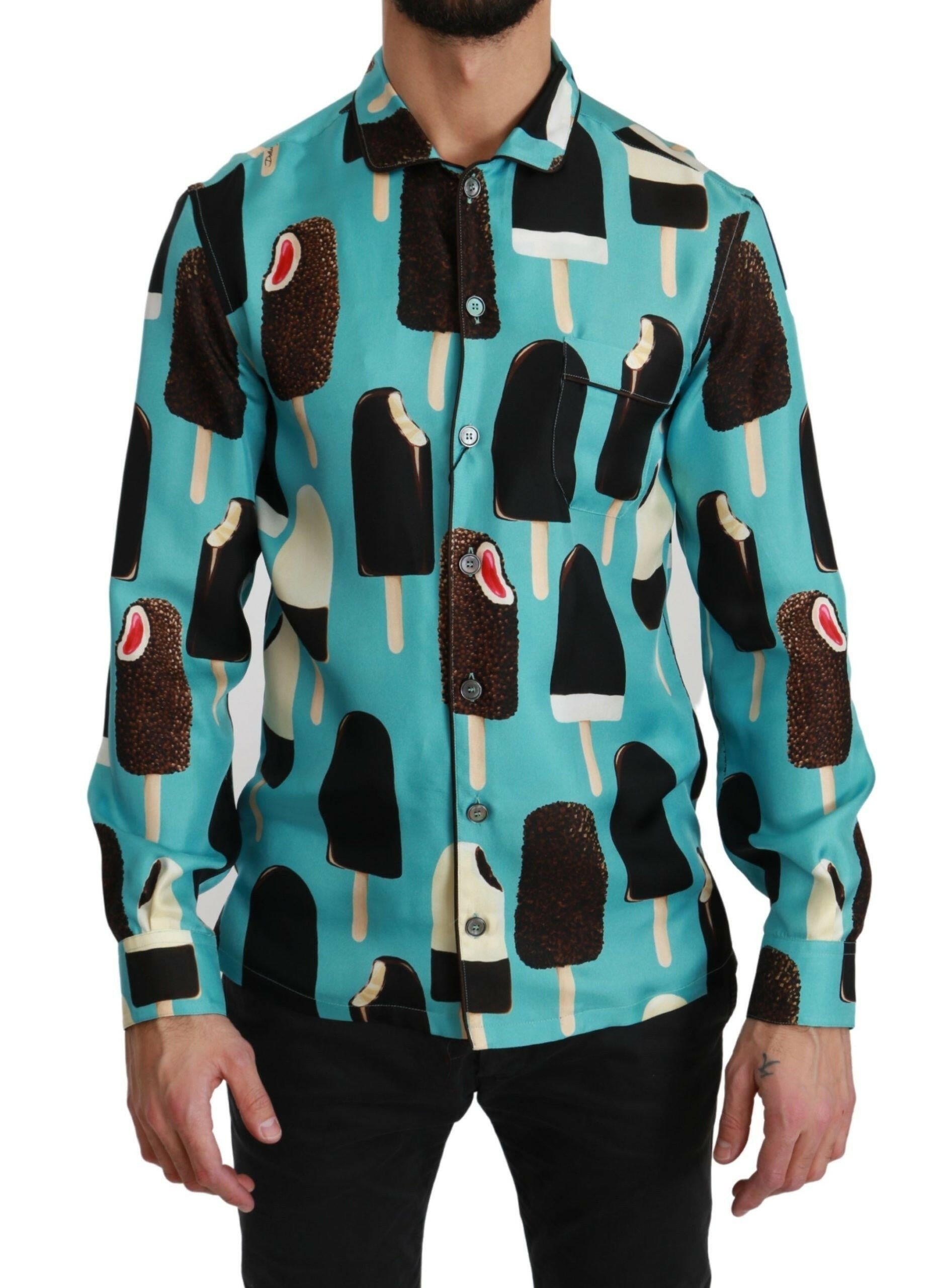 Dolce & Gabbana Blue Silk Ice Cream Print Casual Shirt -   -  Dolce & Gabbana.