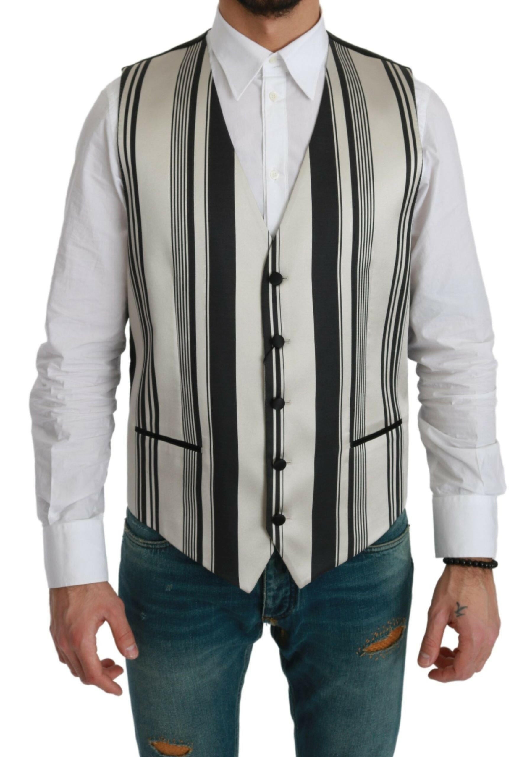 Dolce & Gabbana White Black Stripes Waistcoat Formal Vest -  Vests for Men Suits -  Dolce & Gabbana.