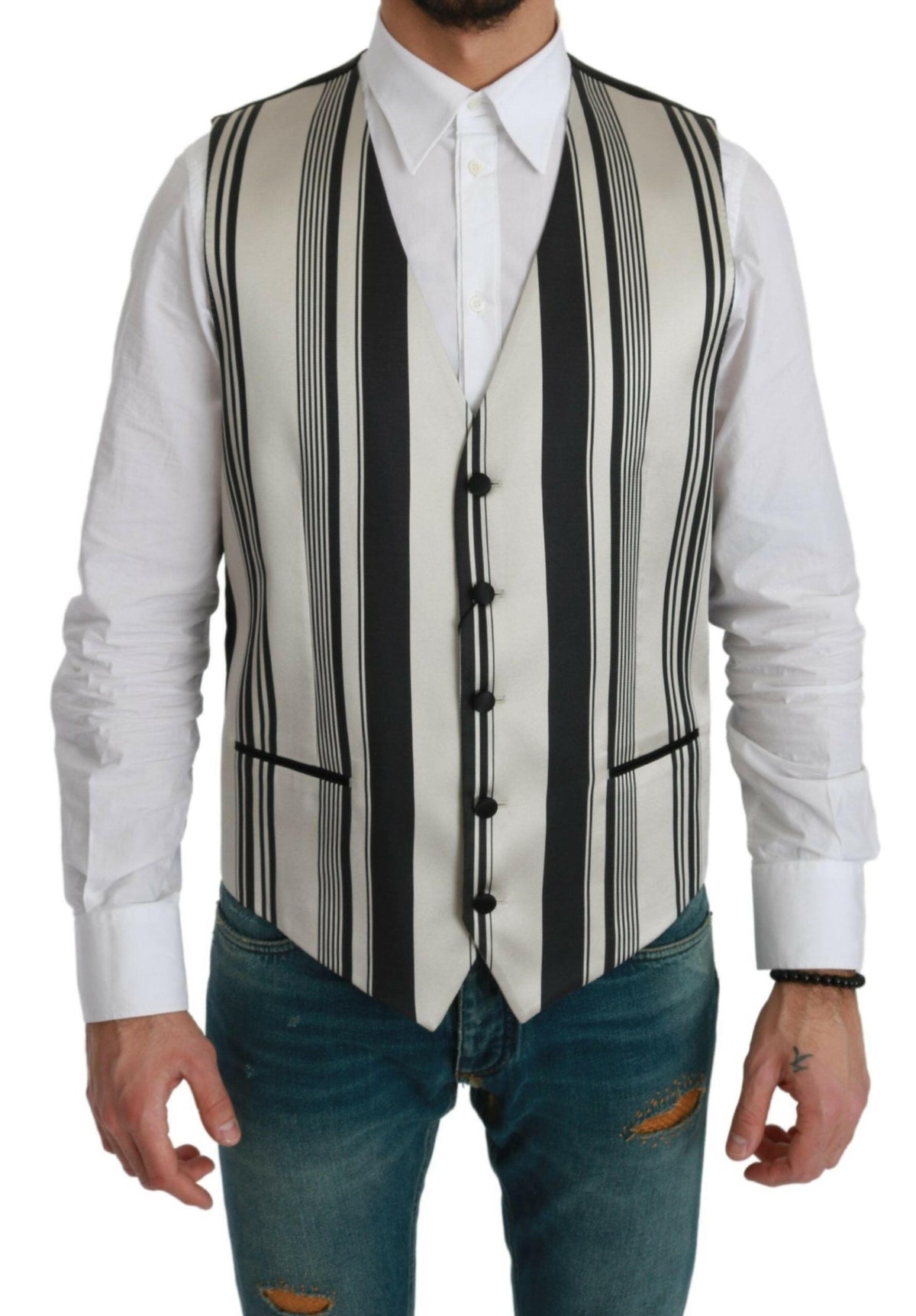 Dolce & Gabbana White Black Stripes Waistcoat Formal Vest -  Vests for Men Suits -  Dolce & Gabbana.