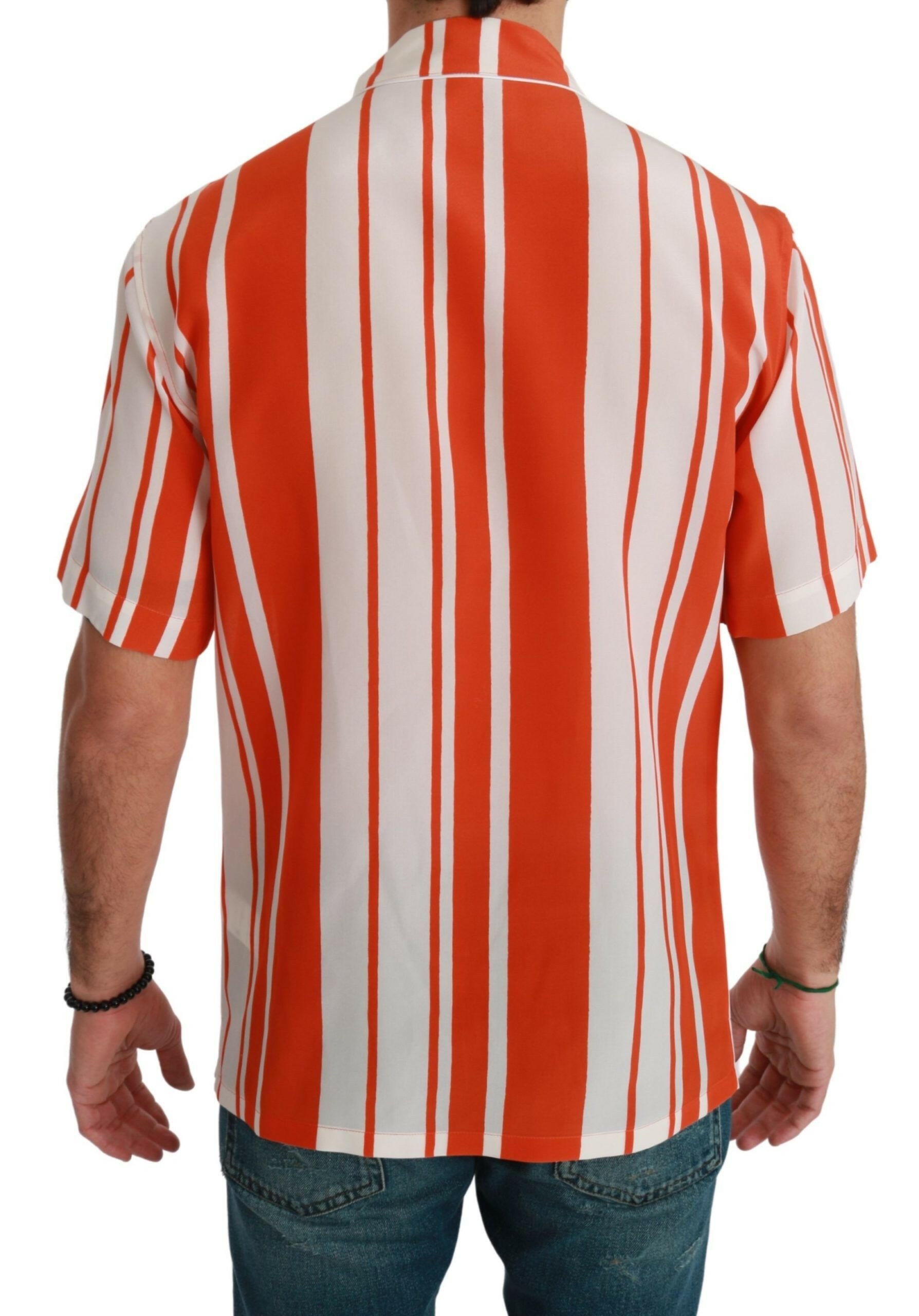 Dolce & Gabbana Orange Silk Striped Short Sleeve White Shirt -   -  Dolce & Gabbana.