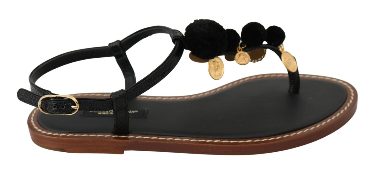 Dolce & Gabbana Black Leather Coins Flip Flops Sandals Shoes -   -  Dolce & Gabbana.