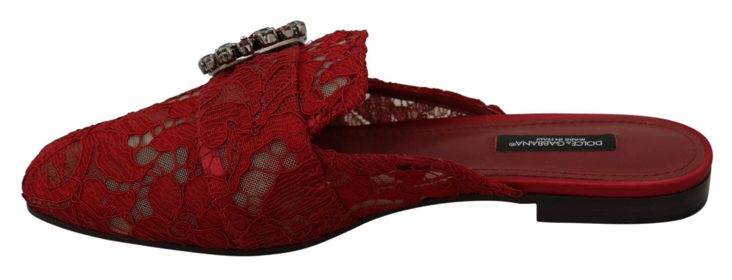 Dolce & Gabbana Red Lace Crystal Slide On Flats Shoes -   -  Dolce & Gabbana.
