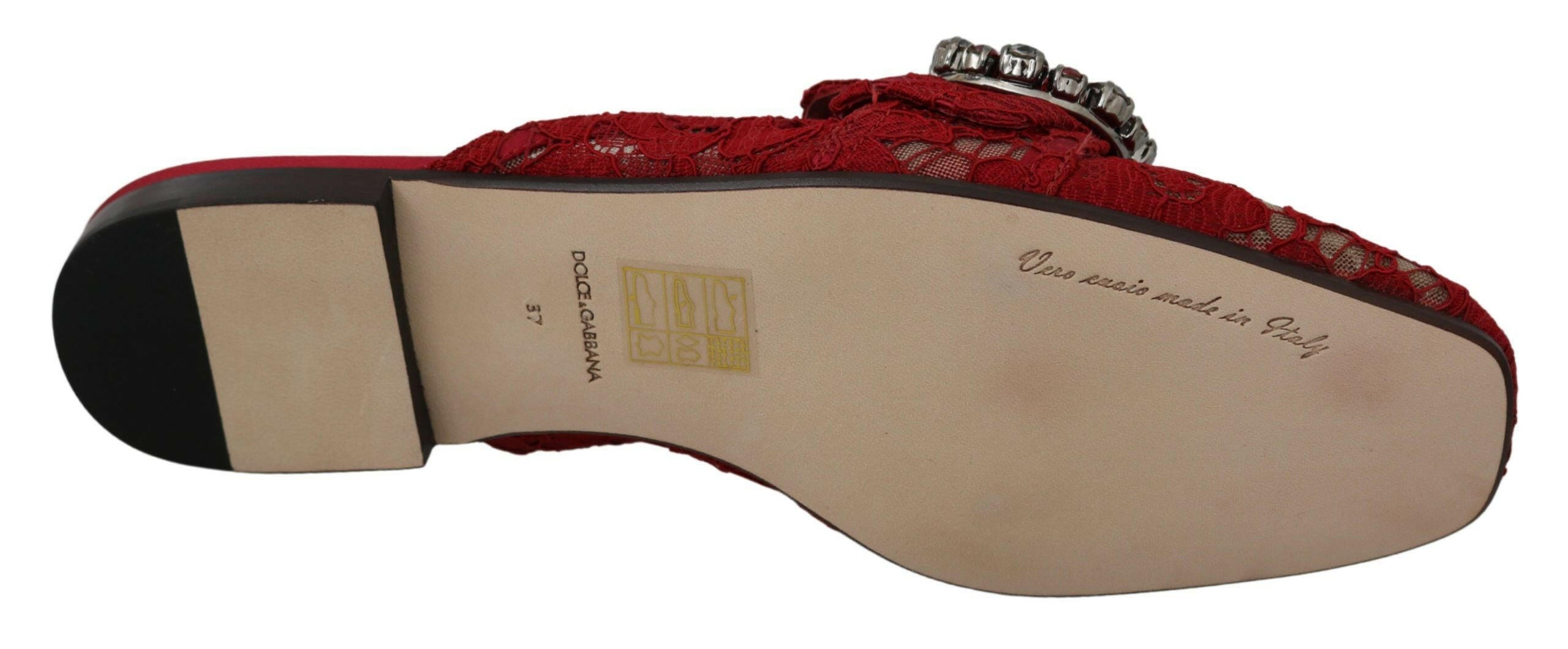 Dolce & Gabbana Red Lace Crystal Slide On Flats Shoes -   -  Dolce & Gabbana.