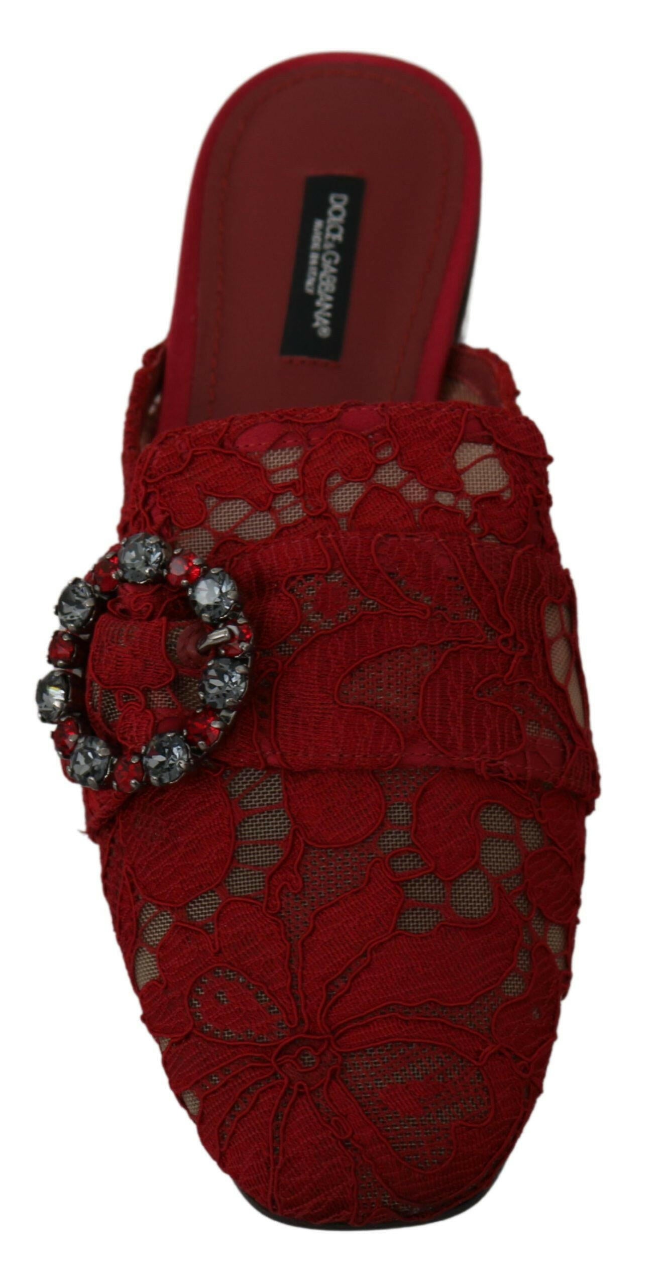 Dolce & Gabbana Red Lace Crystal Slide On Flats Shoes -   -  Dolce & Gabbana.
