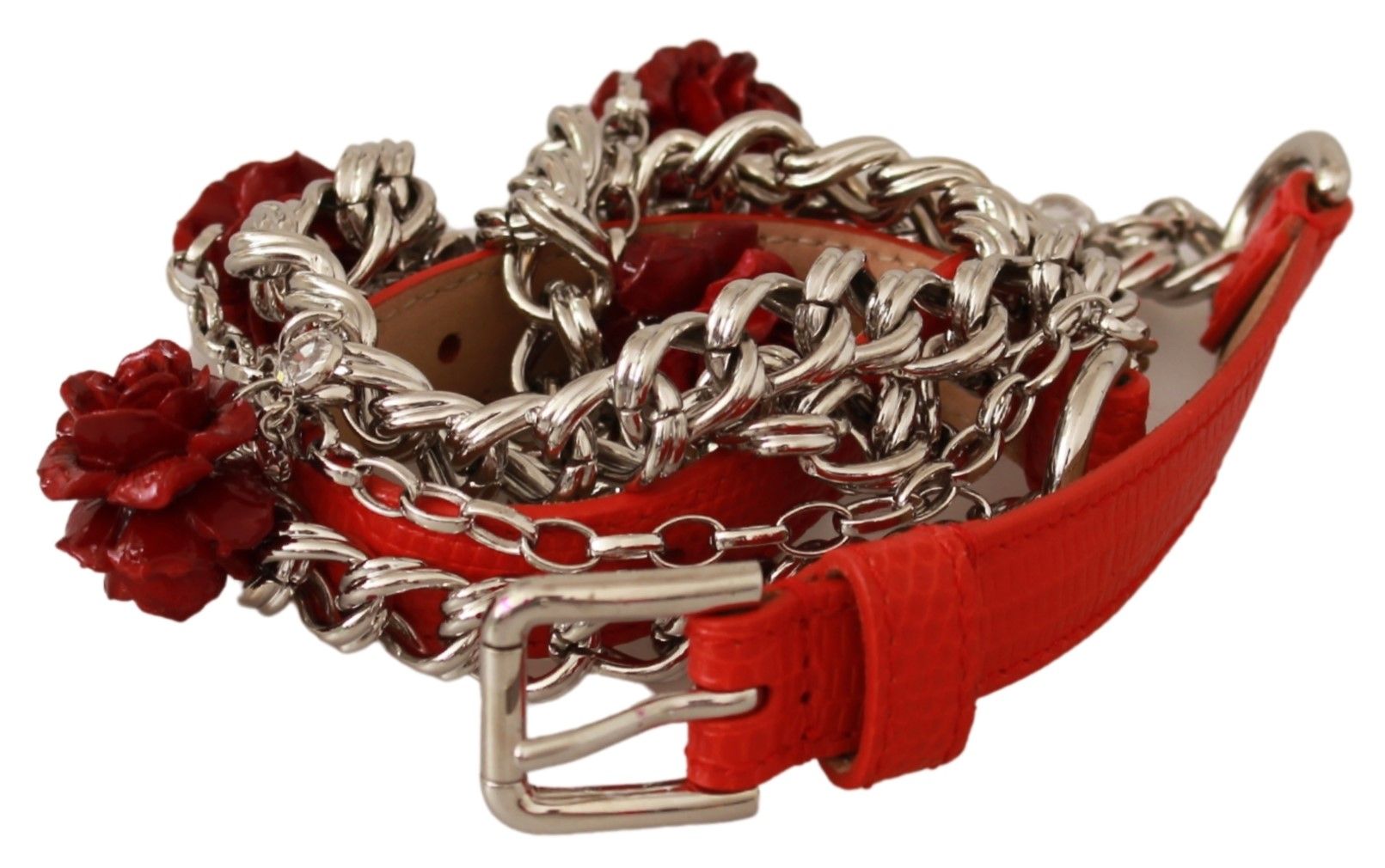 Dolce & Gabbana Red Leather Roses Floral Silver Waist Belt -   -  Dolce & Gabbana.