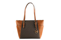 Michael Kors Charlotte Signature Leather Large Top Zip Tote Handbag Bag (Brown) -  Luxury Shopper Bag for Women -  Michael Kors.