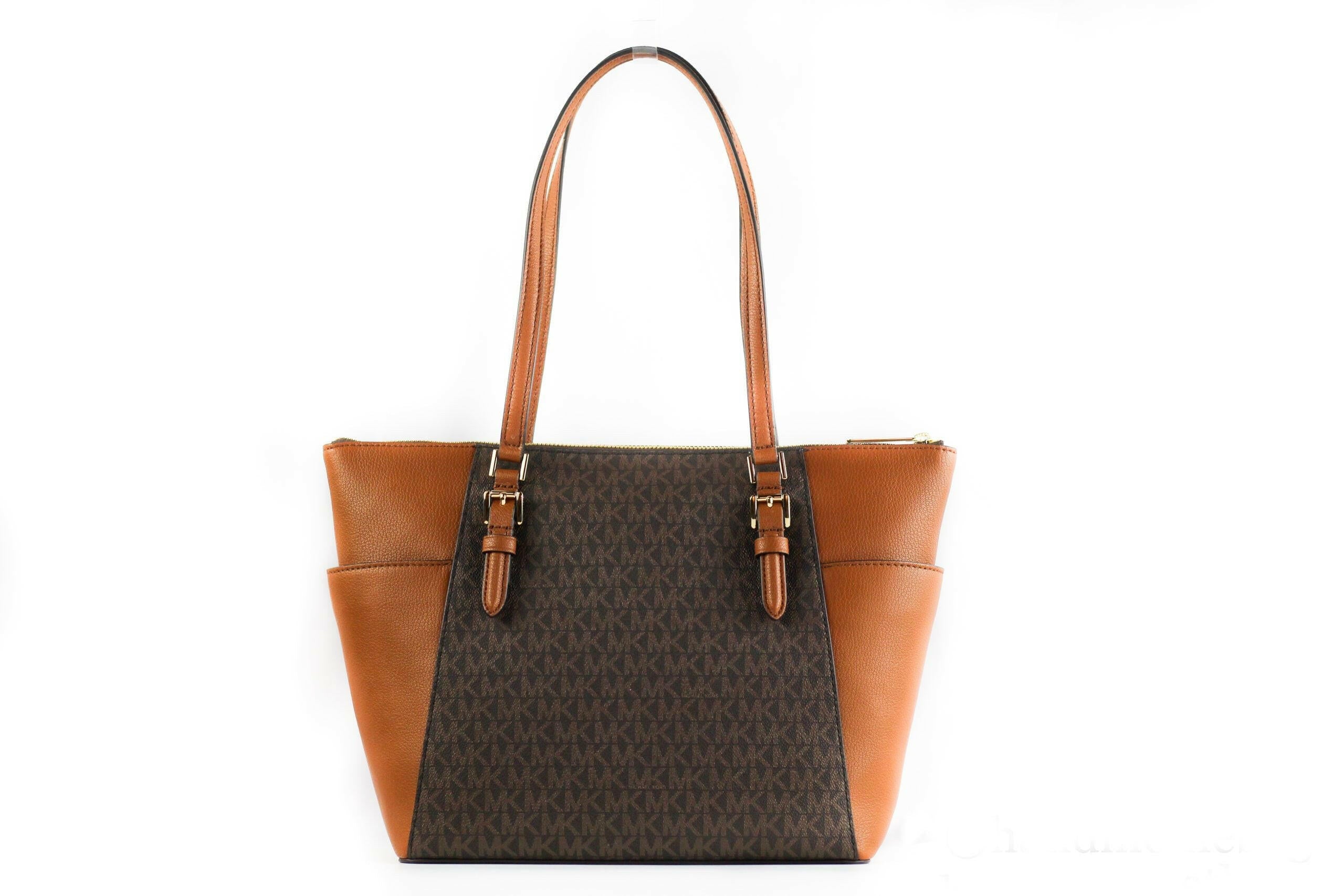 Michael Kors Charlotte Signature Leather Large Top Zip Tote Handbag Bag (Brown) -  Luxury Shopper Bag for Women -  Michael Kors.