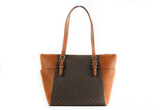Michael Kors Charlotte Signature Leather Large Top Zip Tote Handbag Bag (Brown) -  Luxury Shopper Bag for Women -  Michael Kors.