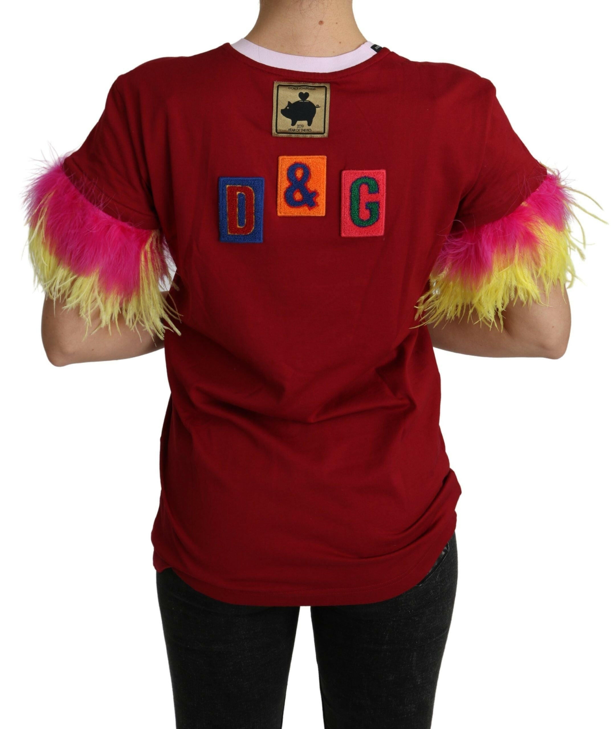 Dolce & Gabbana Red Pig Print Feather Sleeves T-shirt Top -   -  Dolce & Gabbana.