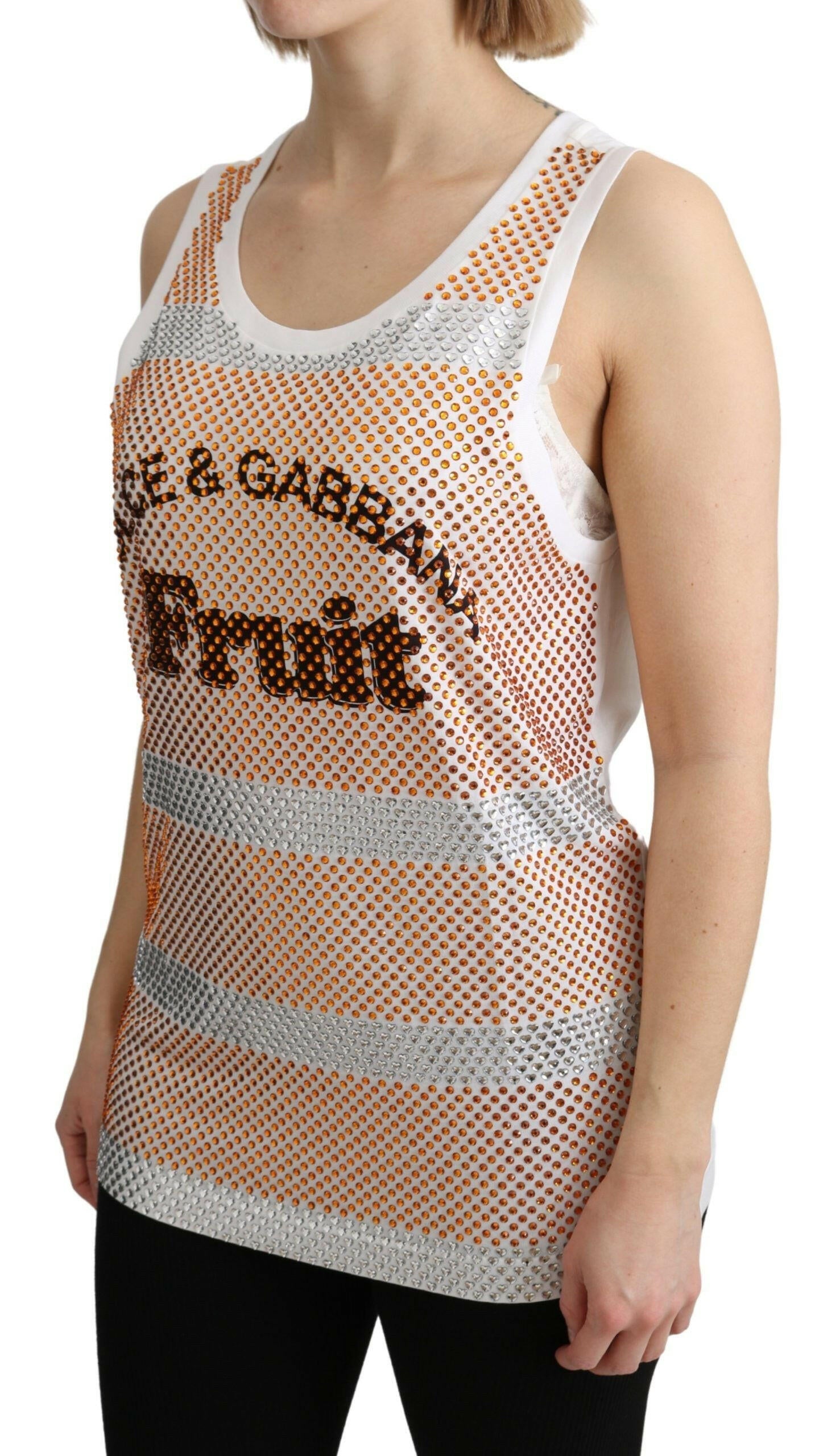 Dolce & Gabbana White Orange Crystal Sleeveless Tank Cotton Top -   -  Dolce & Gabbana.