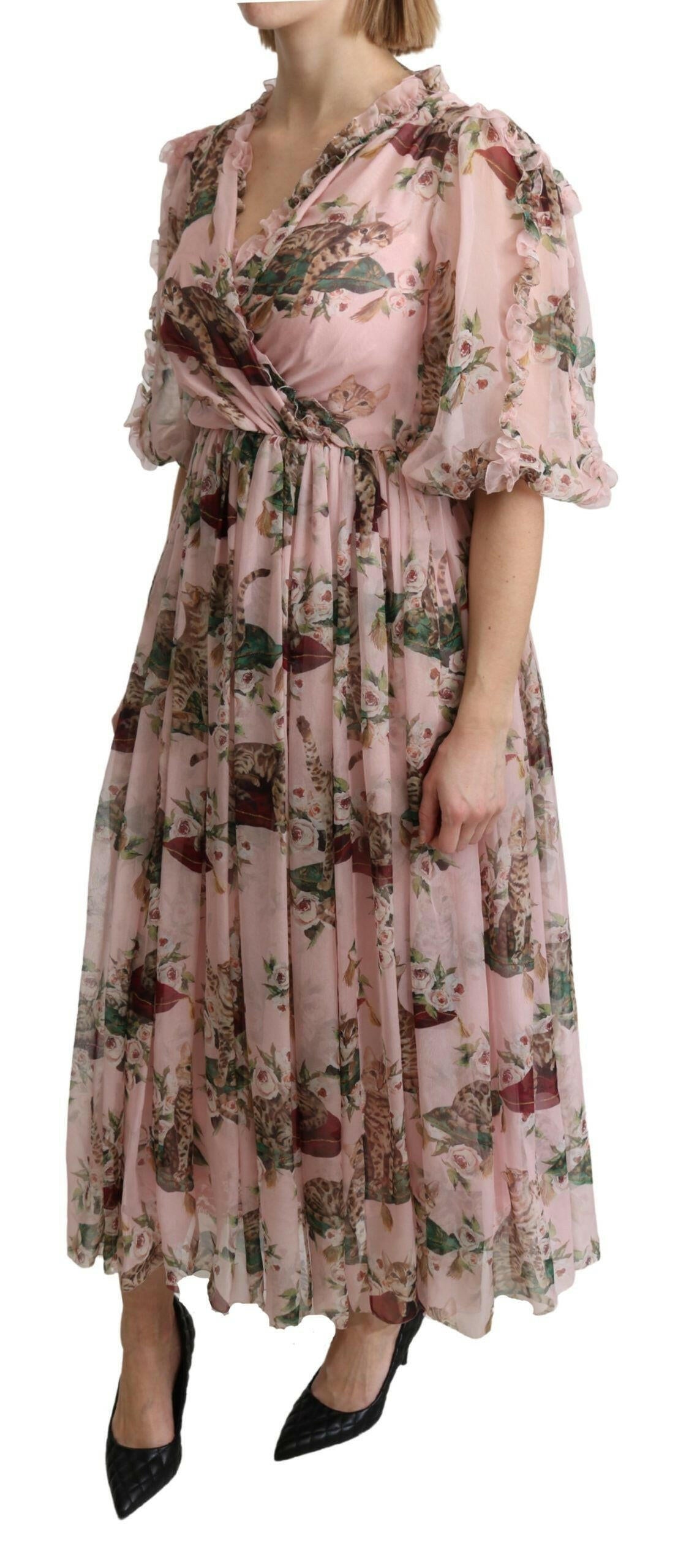 Dolce & Gabbana Pink Bengal Cat Print A-line Maxi Silk  Dress -   -  Dolce & Gabbana.