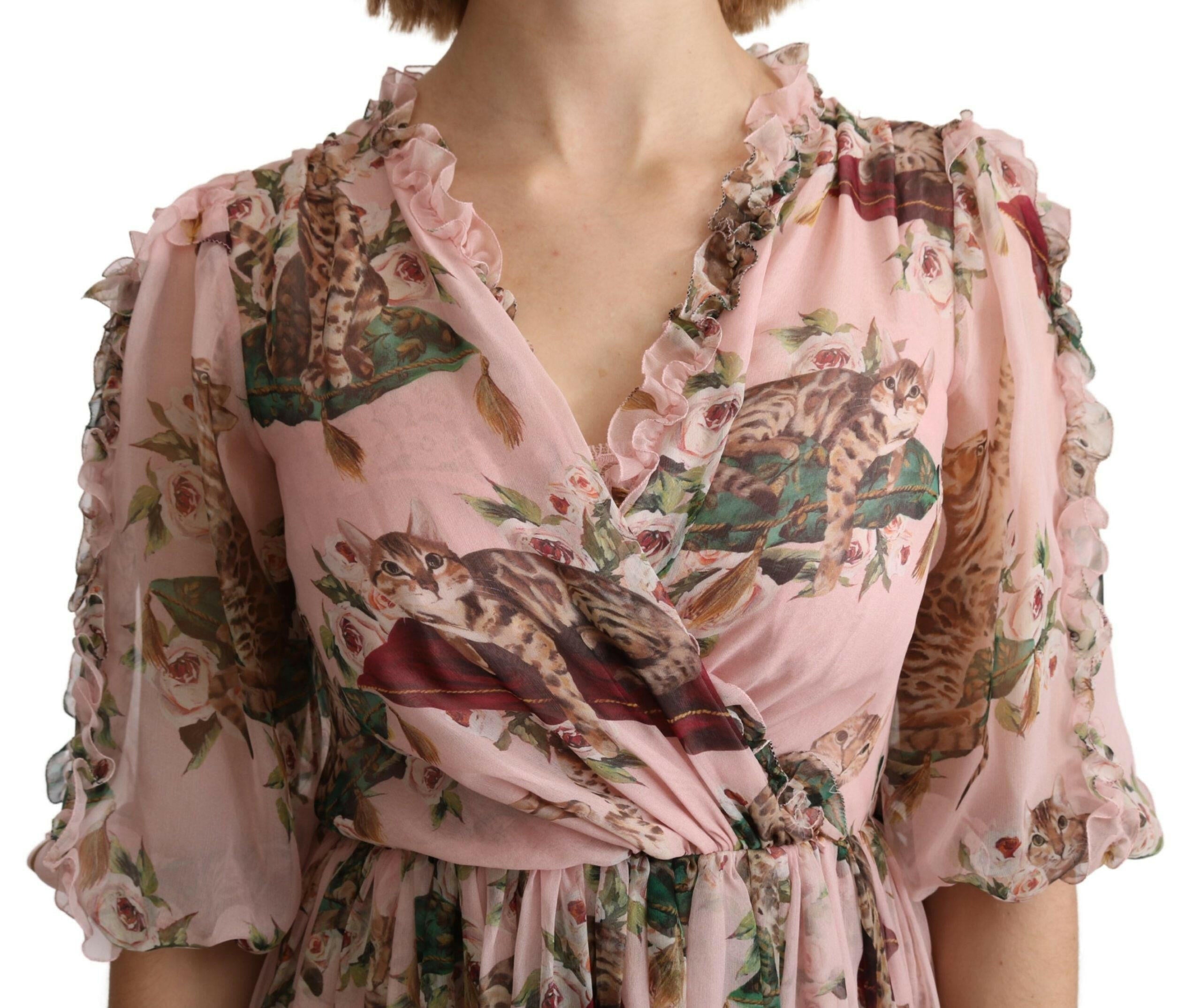 Dolce & Gabbana Pink Bengal Cat Print A-line Maxi Silk  Dress -   -  Dolce & Gabbana.