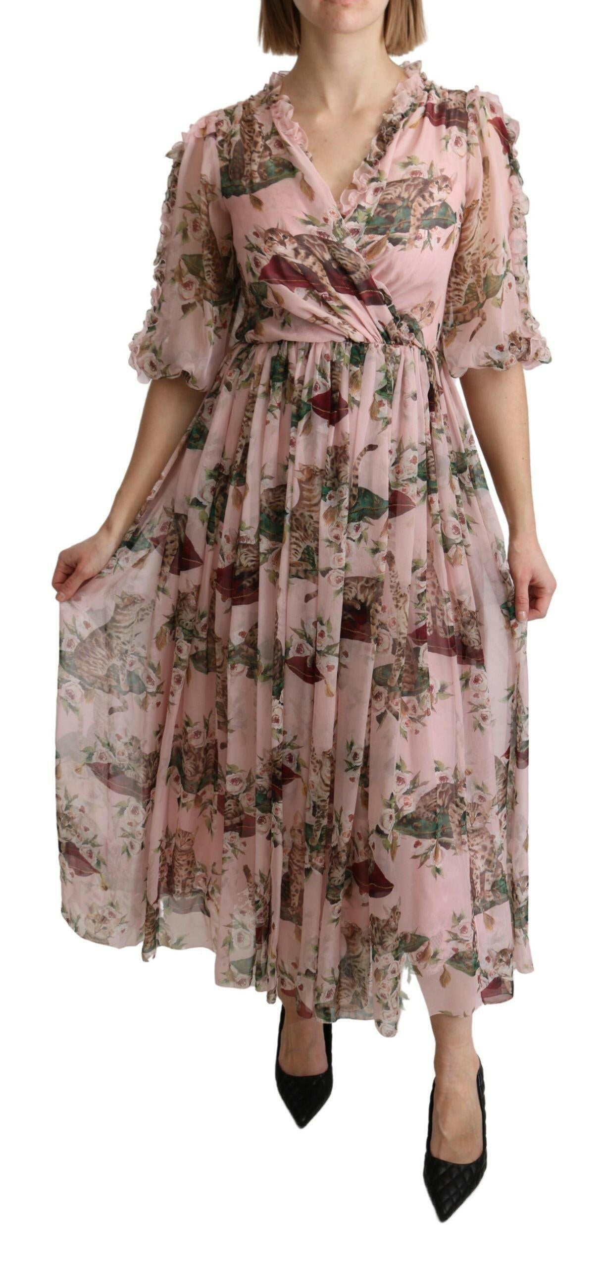 Dolce & Gabbana Pink Bengal Cat Print A-line Maxi Silk  Dress -   -  Dolce & Gabbana.