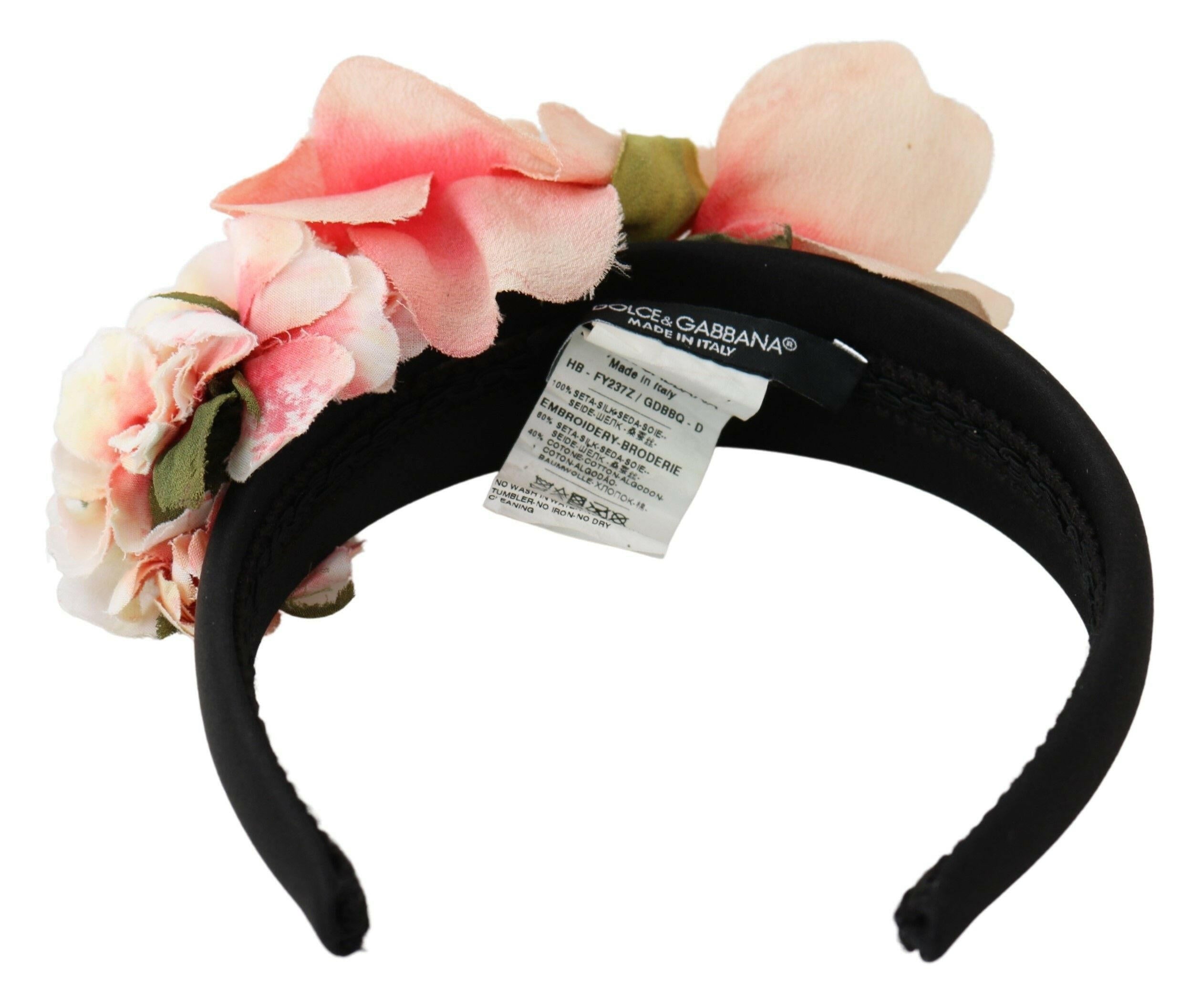 Dolce & Gabbana Pink Silk Black Floral Headband Logo Diadem -   -  Dolce & Gabbana.