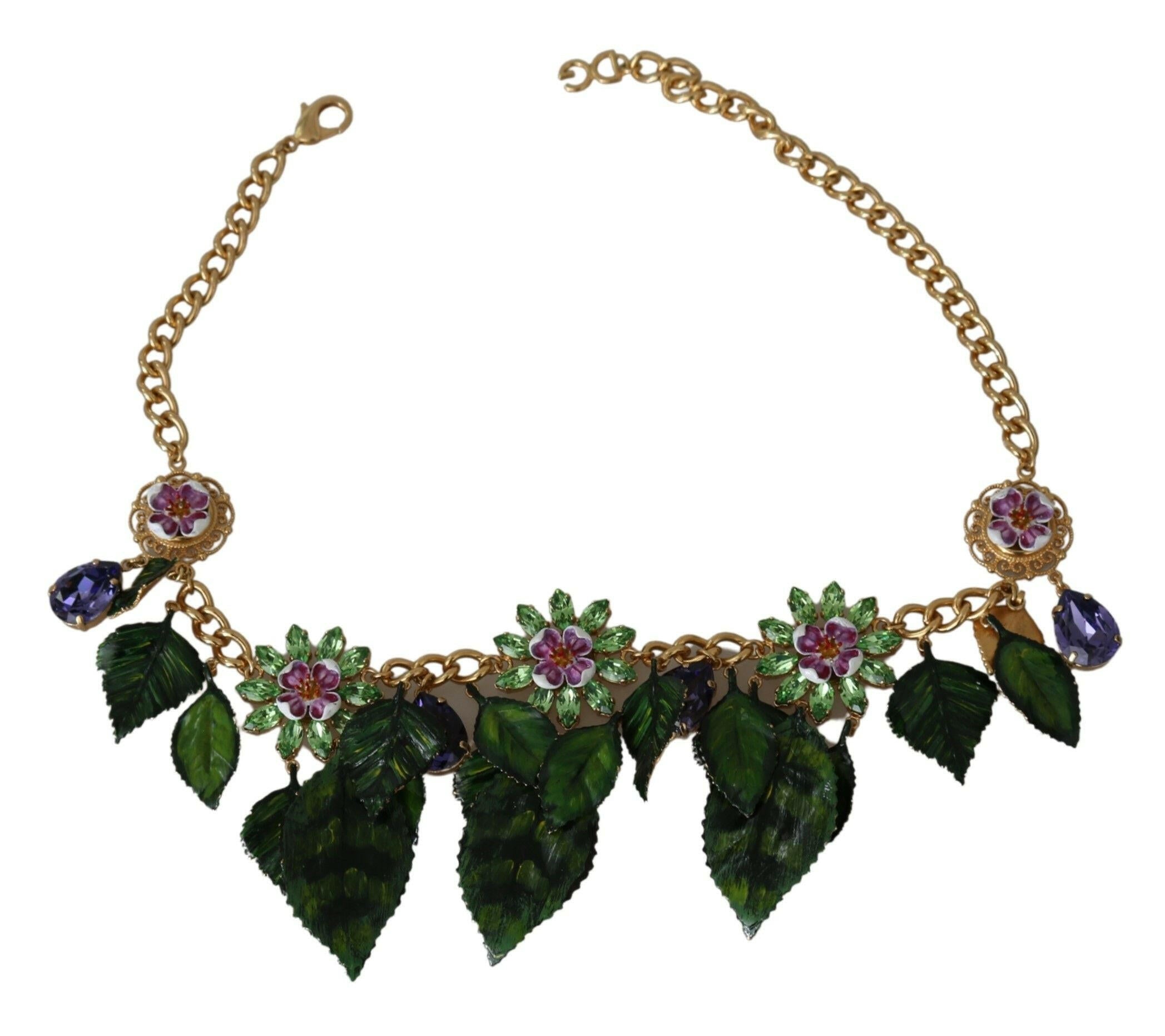 Dolce & Gabbana Green Leaves Gold Brass Crystal Flower Pendant Necklace -   -  Dolce & Gabbana.