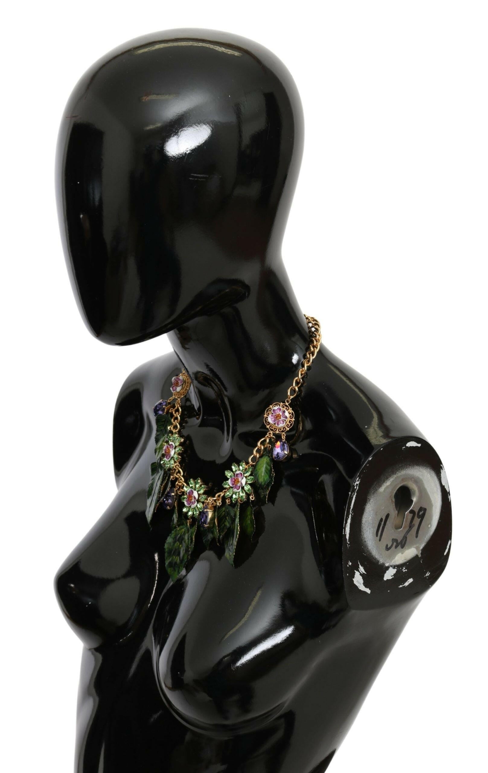 Dolce & Gabbana Green Leaves Gold Brass Crystal Flower Pendant Necklace -   -  Dolce & Gabbana.