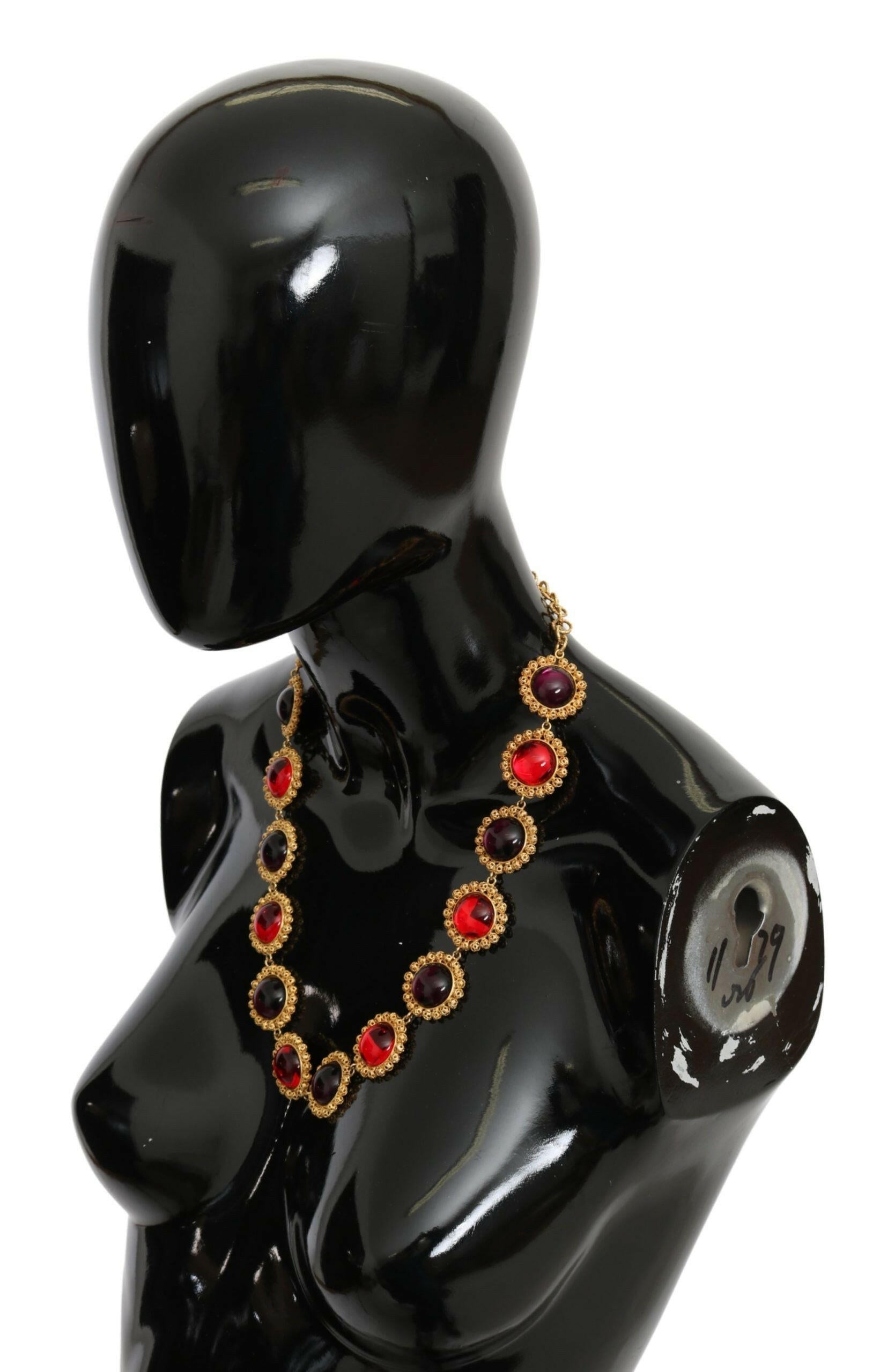 Dolce & Gabbana Red Purple Crystal Floral Chain Statement Gold Brass Necklace -   -  Dolce & Gabbana.