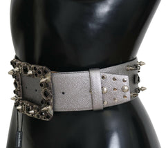 Dolce & Gabbana Silver Leather Crystal Stud Logo Buckle Belt -   -  Dolce & Gabbana.