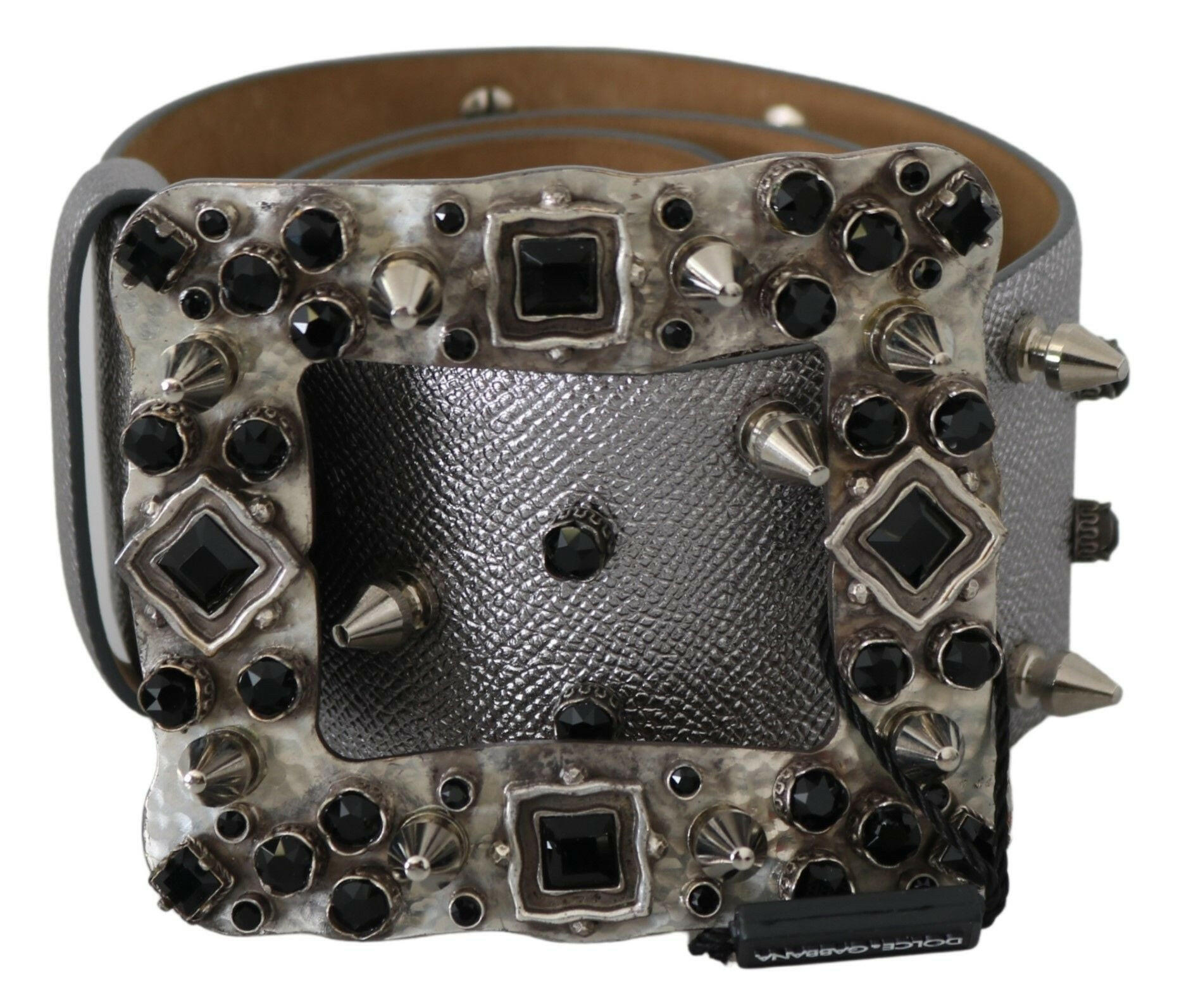 Dolce & Gabbana Silver Leather Crystal Stud Logo Buckle Belt -   -  Dolce & Gabbana.