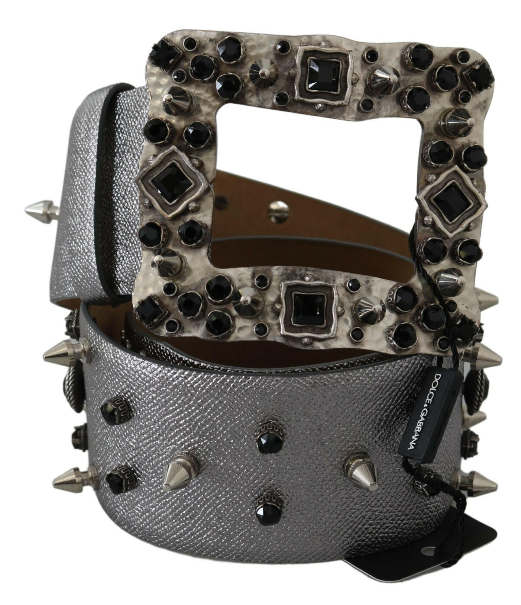 Dolce & Gabbana Silver Leather Crystal Stud Logo Buckle Belt -   -  Dolce & Gabbana.