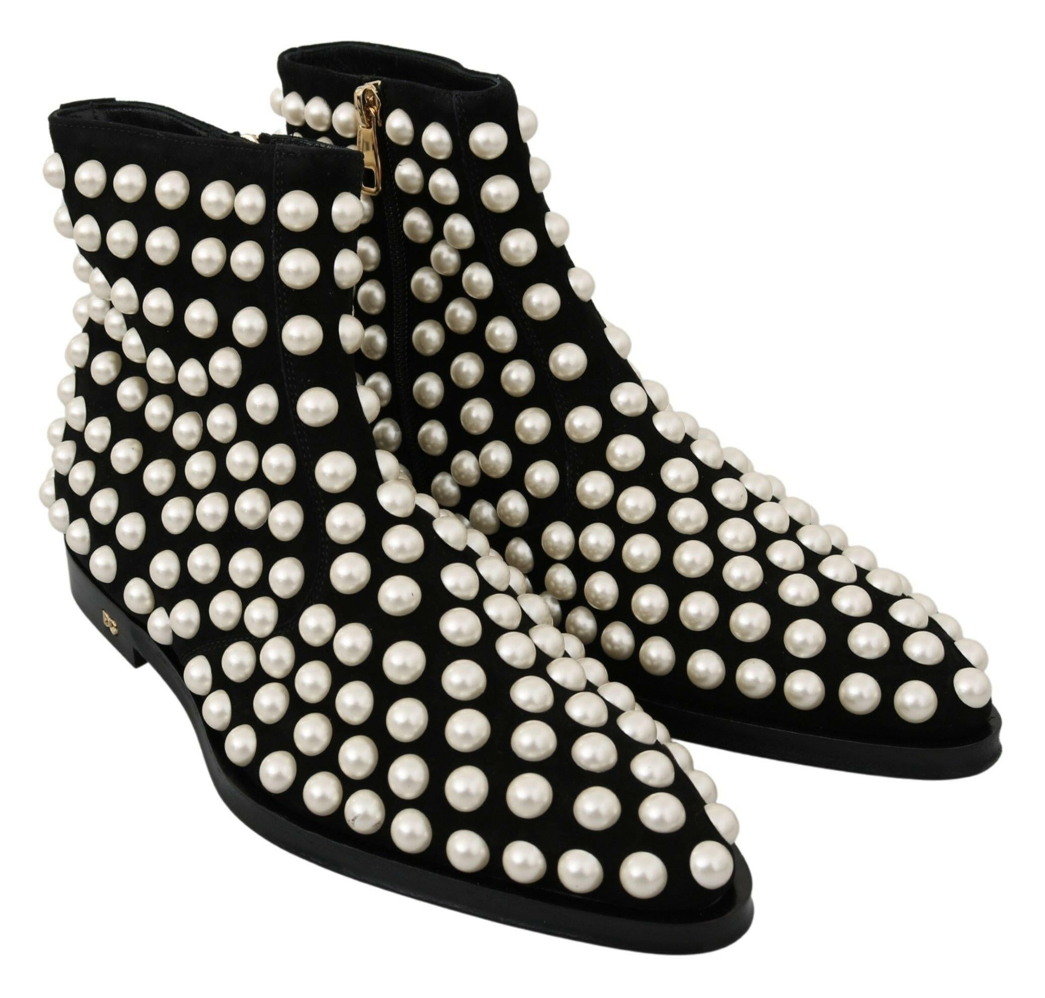 Dolce & Gabbana Black Suede Pearl Studs Boots Shoes -   -  Dolce & Gabbana.