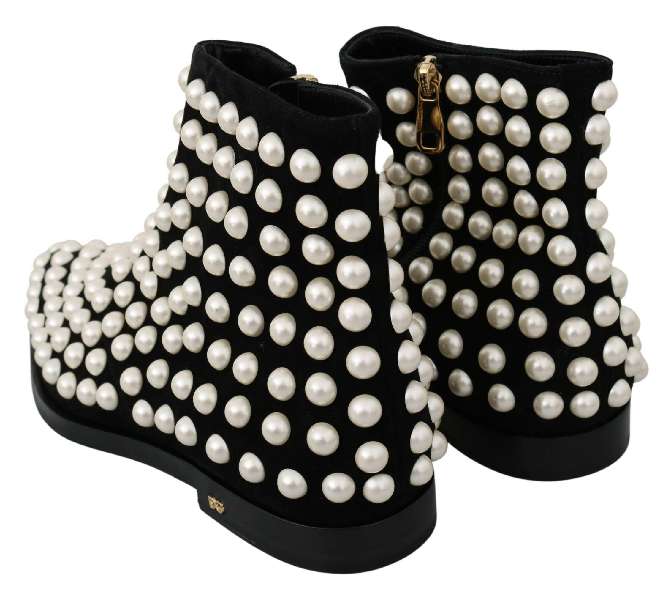 Dolce & Gabbana Black Suede Pearl Studs Boots Shoes -   -  Dolce & Gabbana.