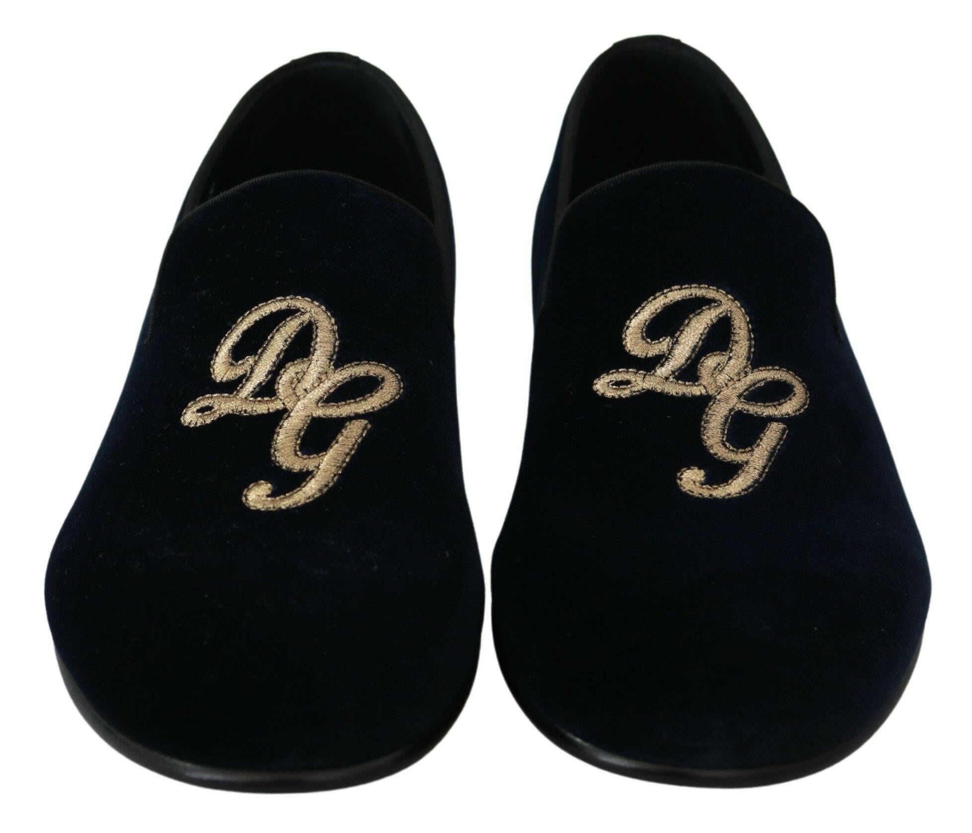 Dolce & Gabbana Blue Velvet Gold Logo Slipper Loafers Shoes -   -  Dolce & Gabbana.