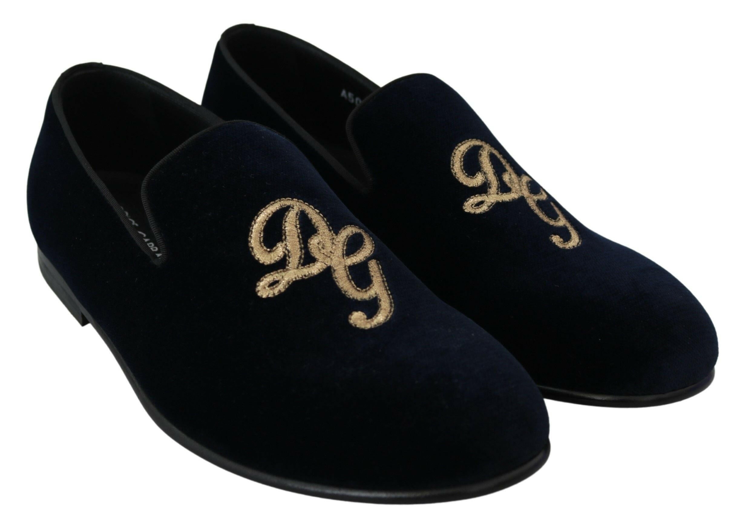Dolce & Gabbana Blue Velvet Gold Logo Slipper Loafers Shoes -   -  Dolce & Gabbana.